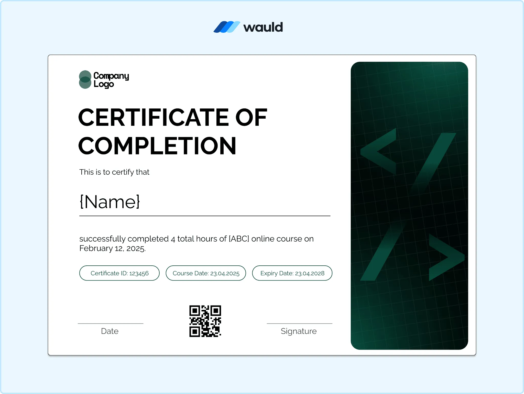Dark teal certificate of completion template with white chevron graphic