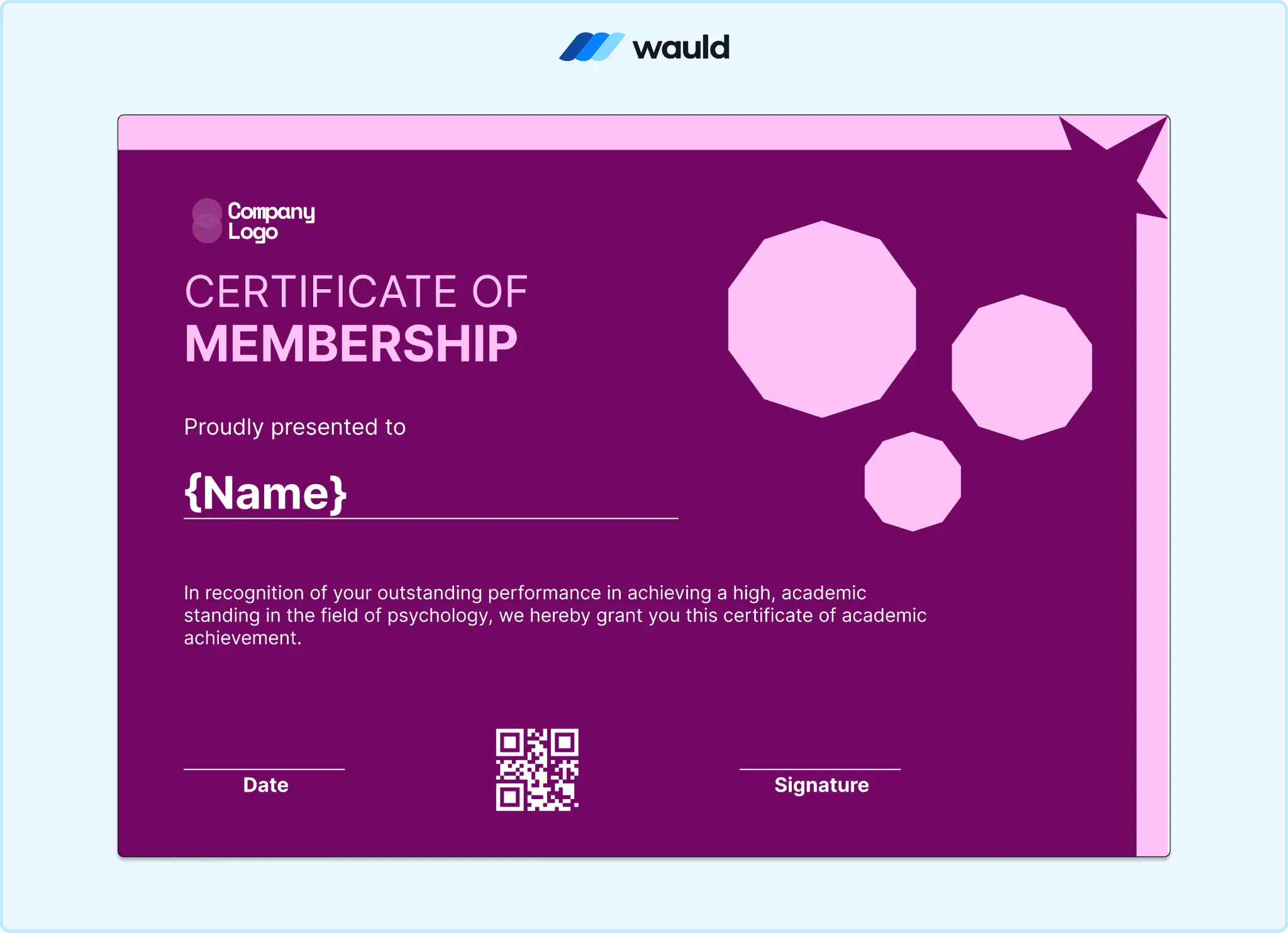 Magenta and pink certificate of membership template with circle pattern accents, member name field, achievement description, date, QR code, and signature line
