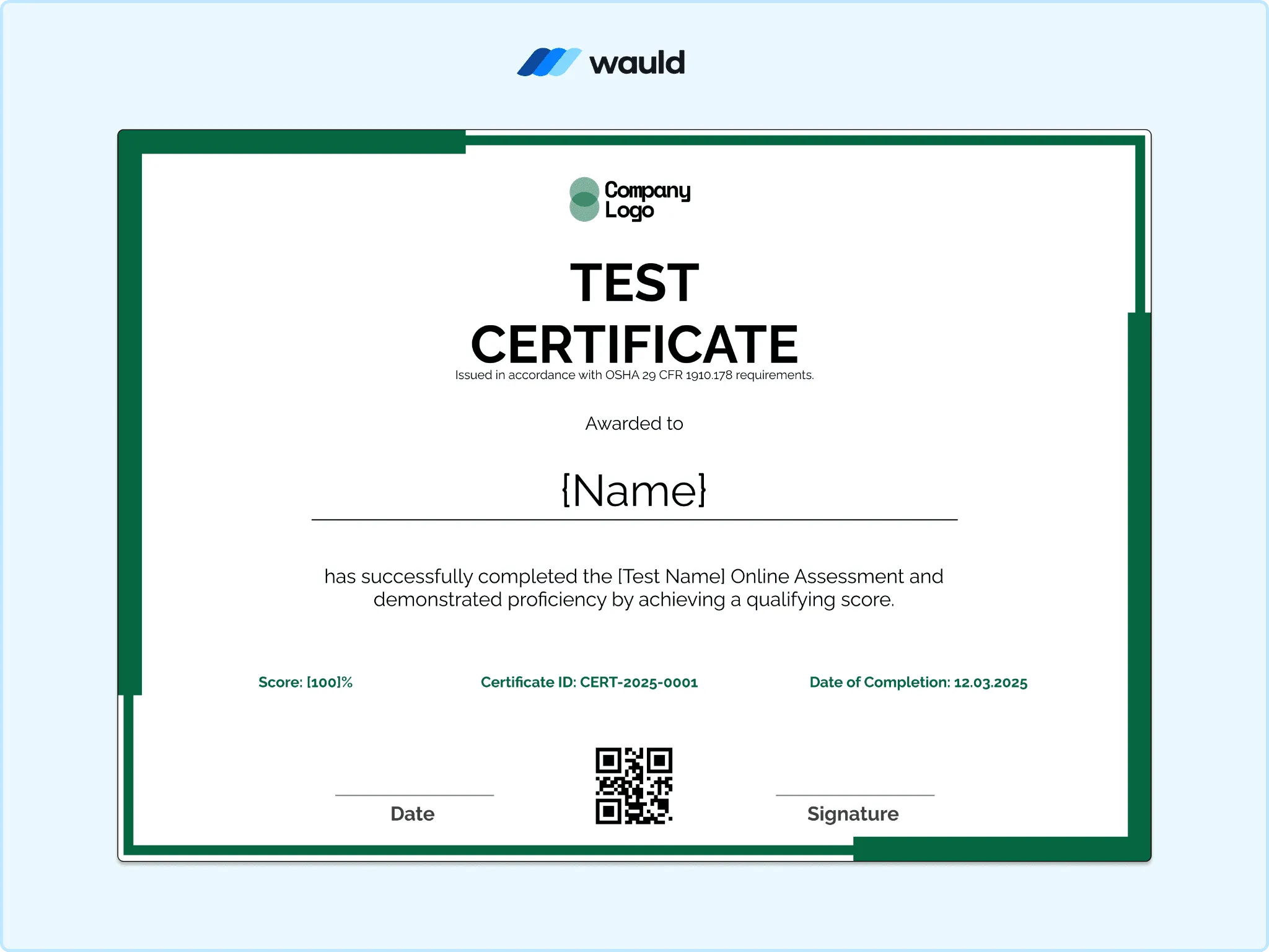Minimal test certificate template with thin emerald border