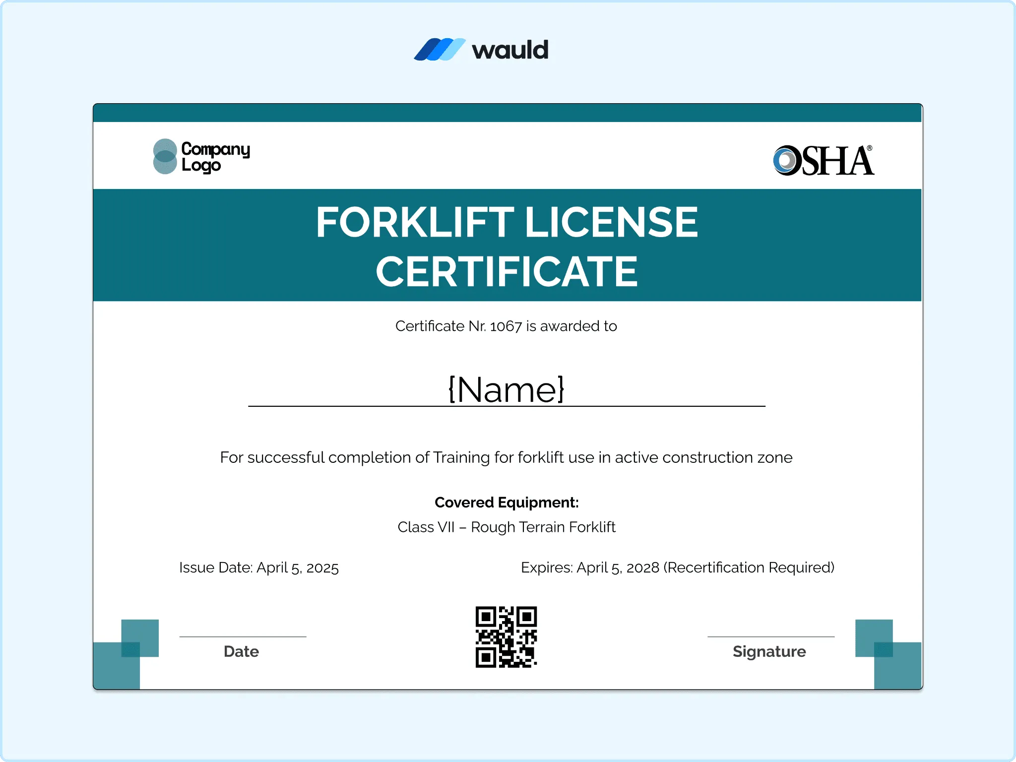 Teal header forklift license certificate template with recipient name field, covered equipment, cer