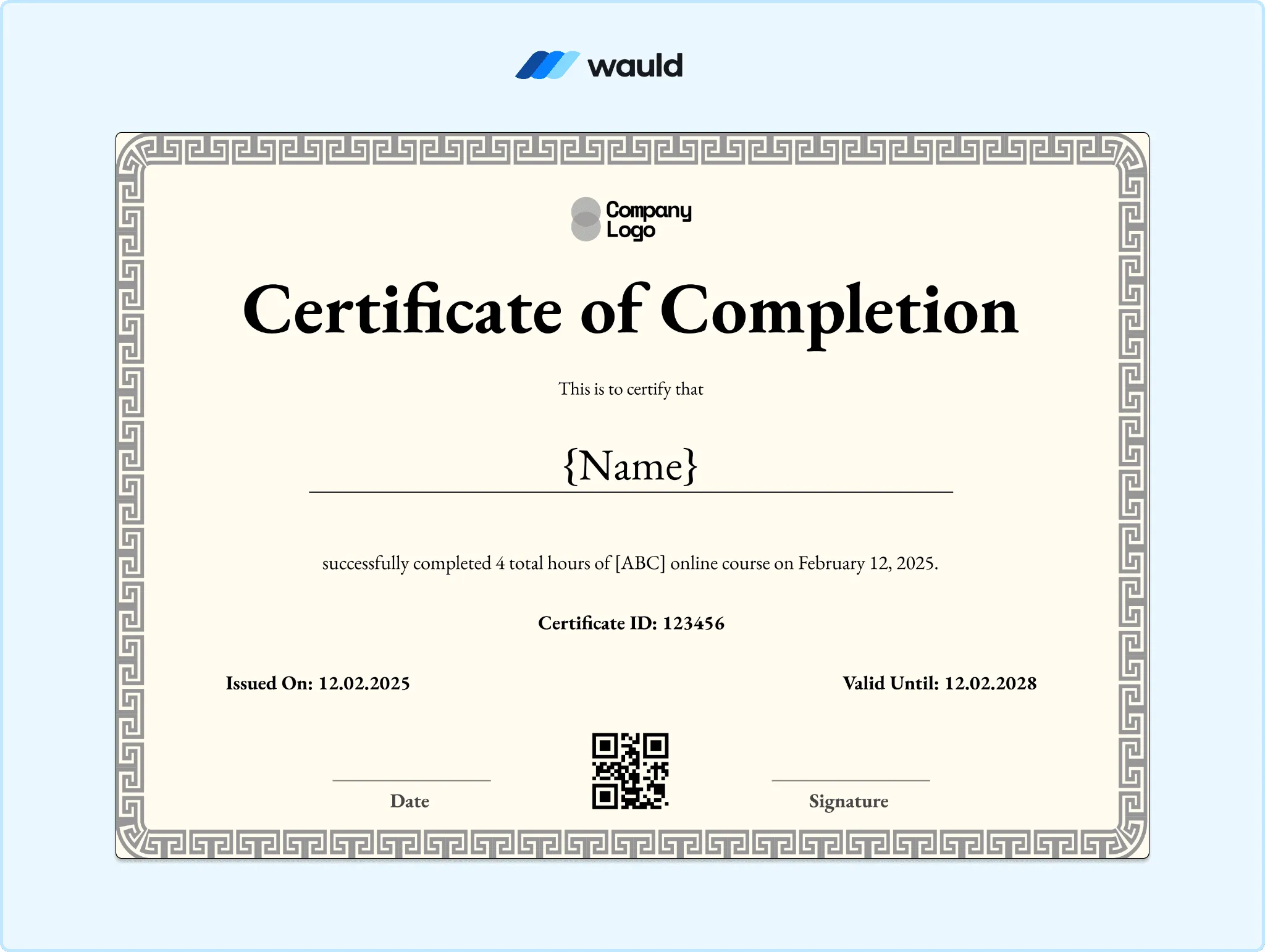 Cream certificate of completion template with thin tan border