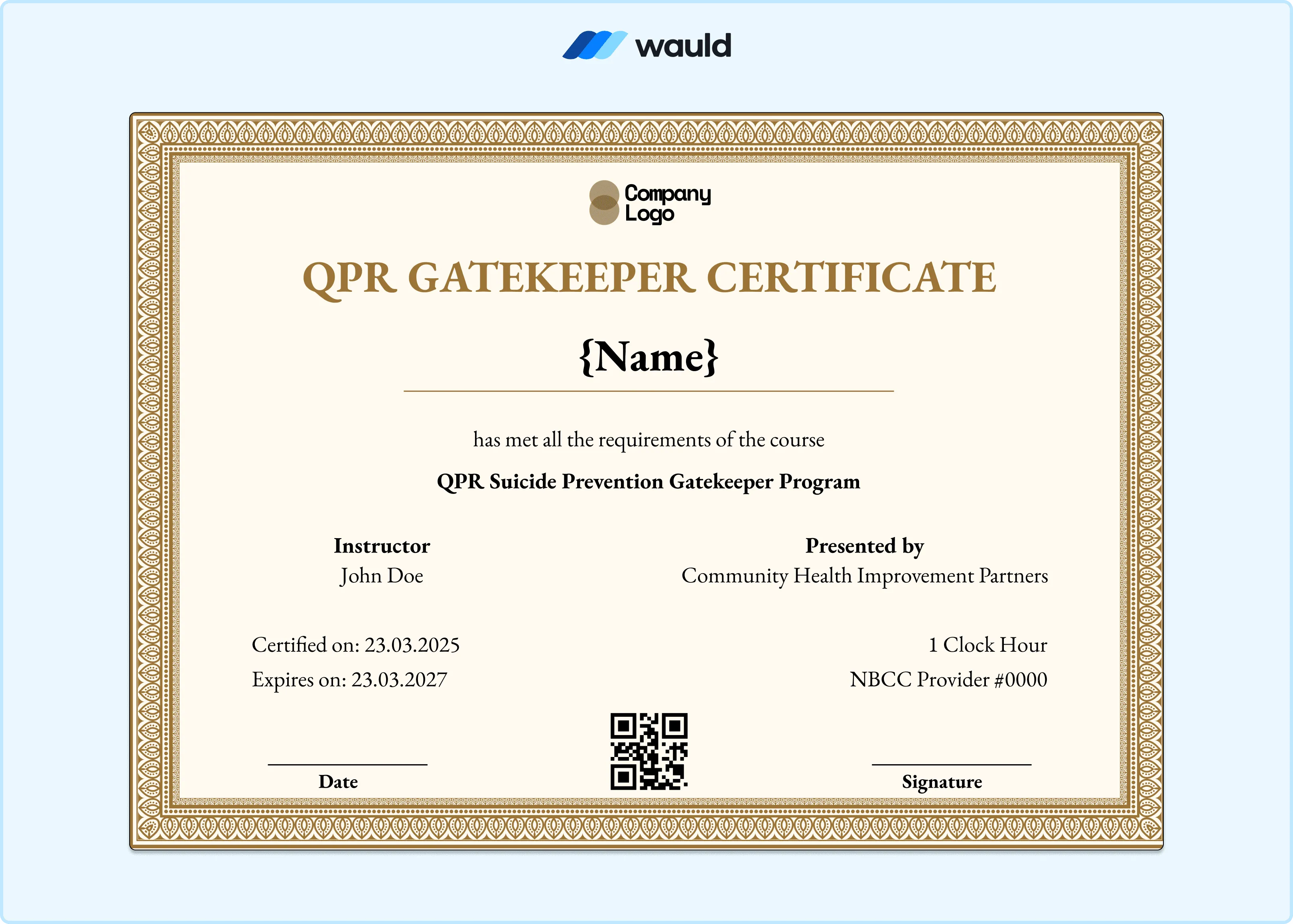 Elegant cream and gold QPR Gatekeeper certificate template with refined typography, recipient name field, instructor credentials, certified date, expiry date, NBCC Provider number, QR code, and signature line