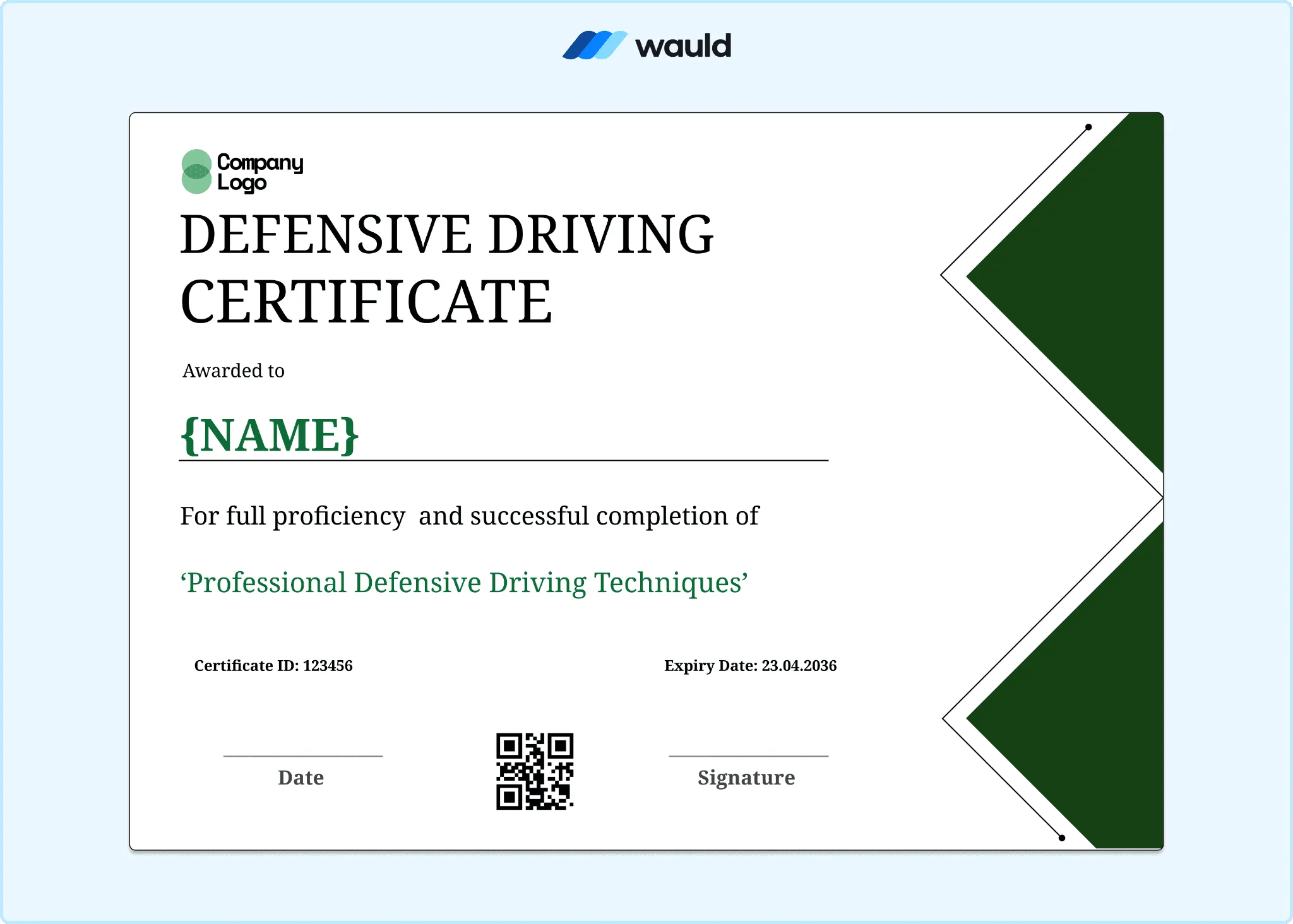 Defensive driving certificate template with bold green chevron accents, clean white interior, recipient name field, course details, QR code, and signature line