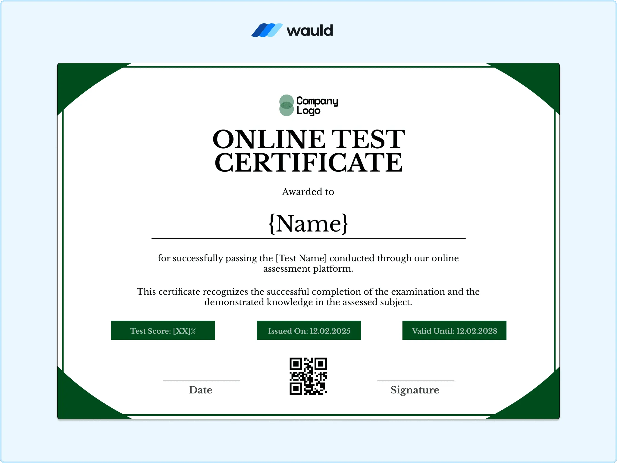 Online test certificate template with dark green side panel