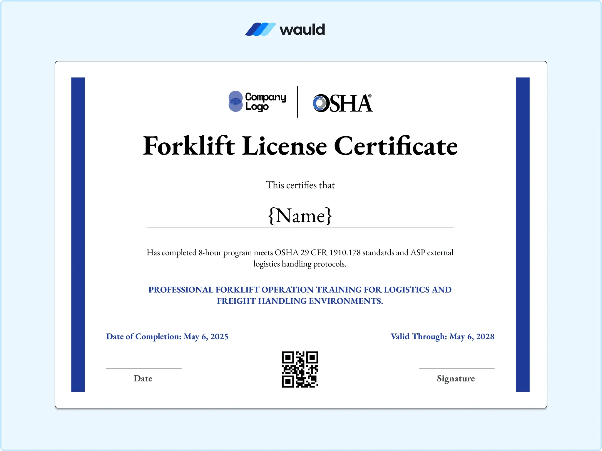Simple white forklift license certificate template with recipient name field, training completion details, certificate dates, QR code, and signature line