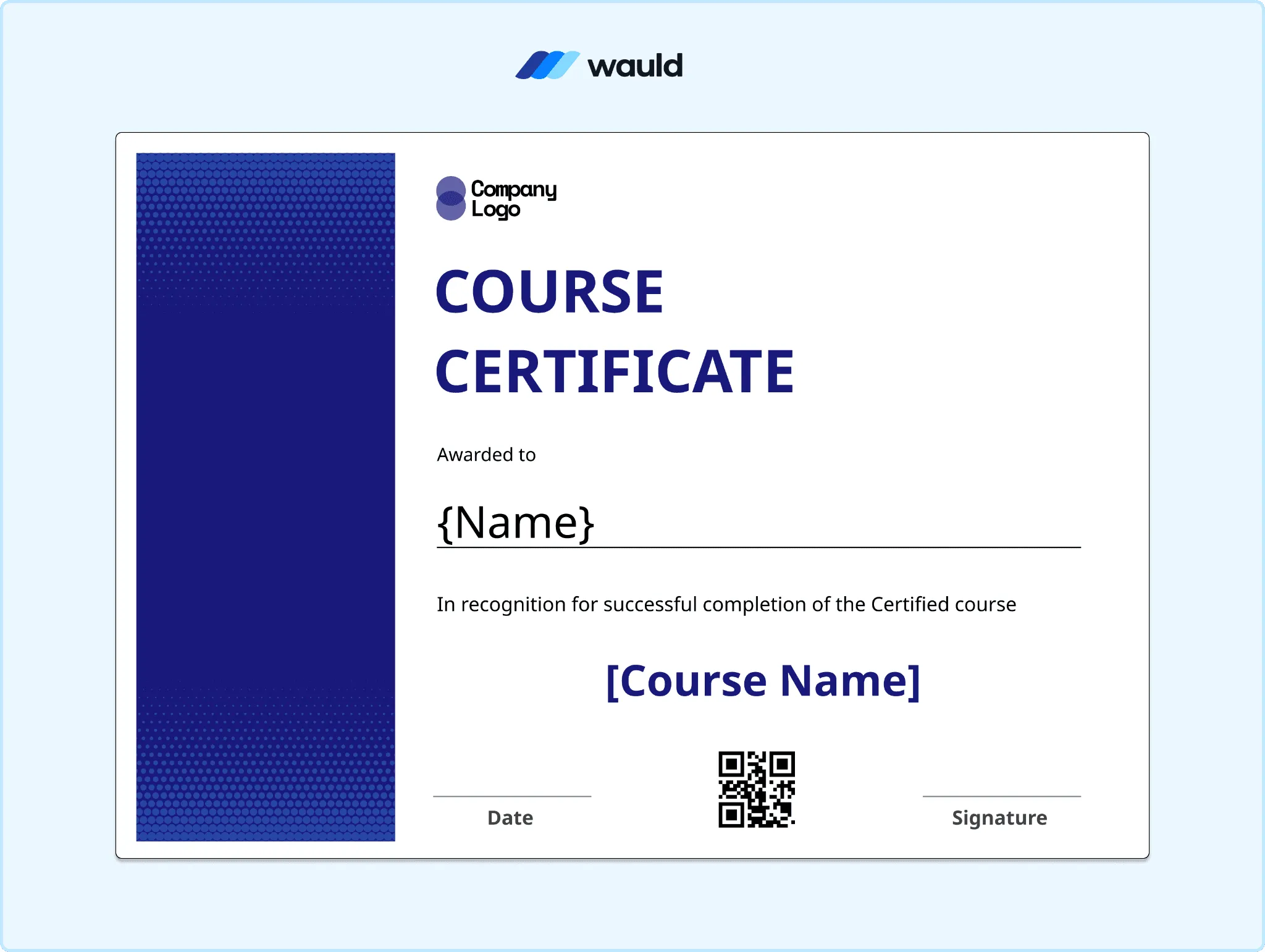 White course certificate template with solid blue left block