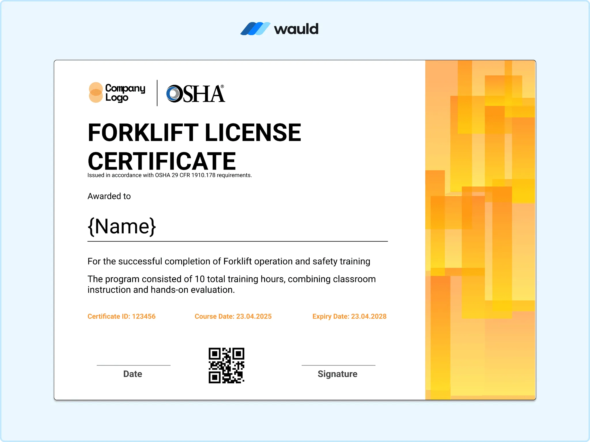 Forklift license certificate template with yellow gradient side panel, recipient name field, training program details, certificate ID, QR code, and signature line