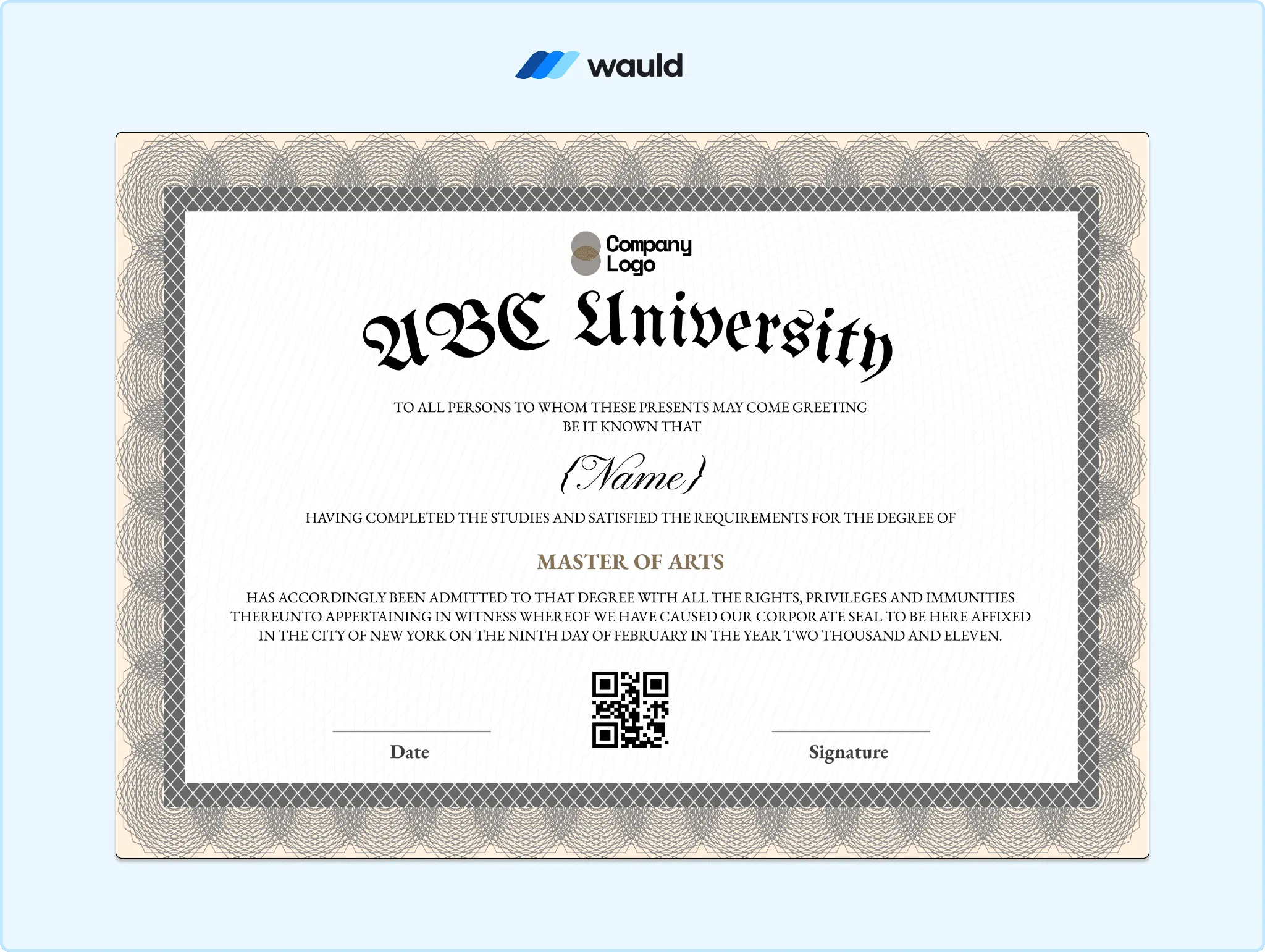 ABC University certificate template with silver engraved border