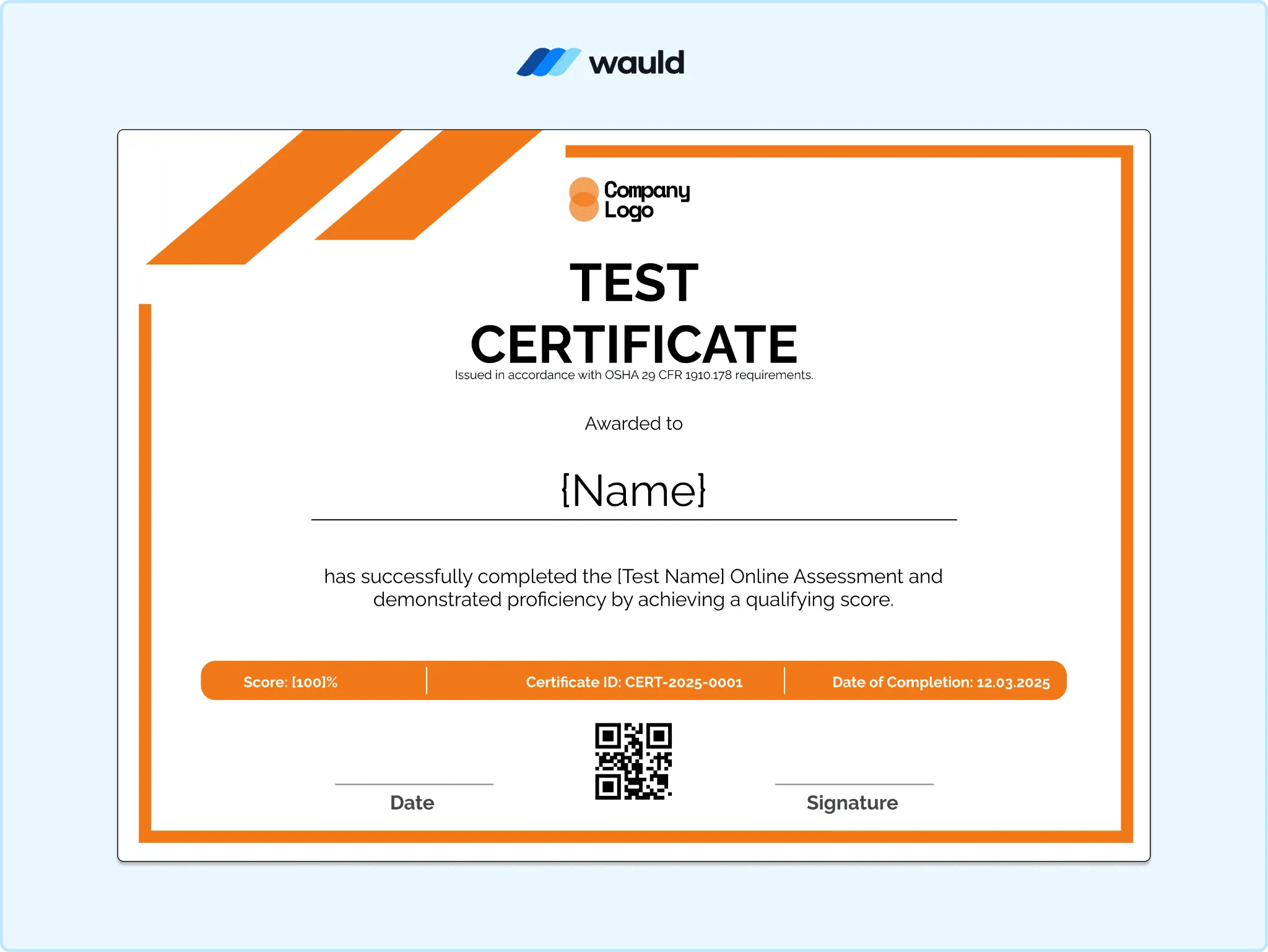 Test certificate template with orange diagonal stripe accent