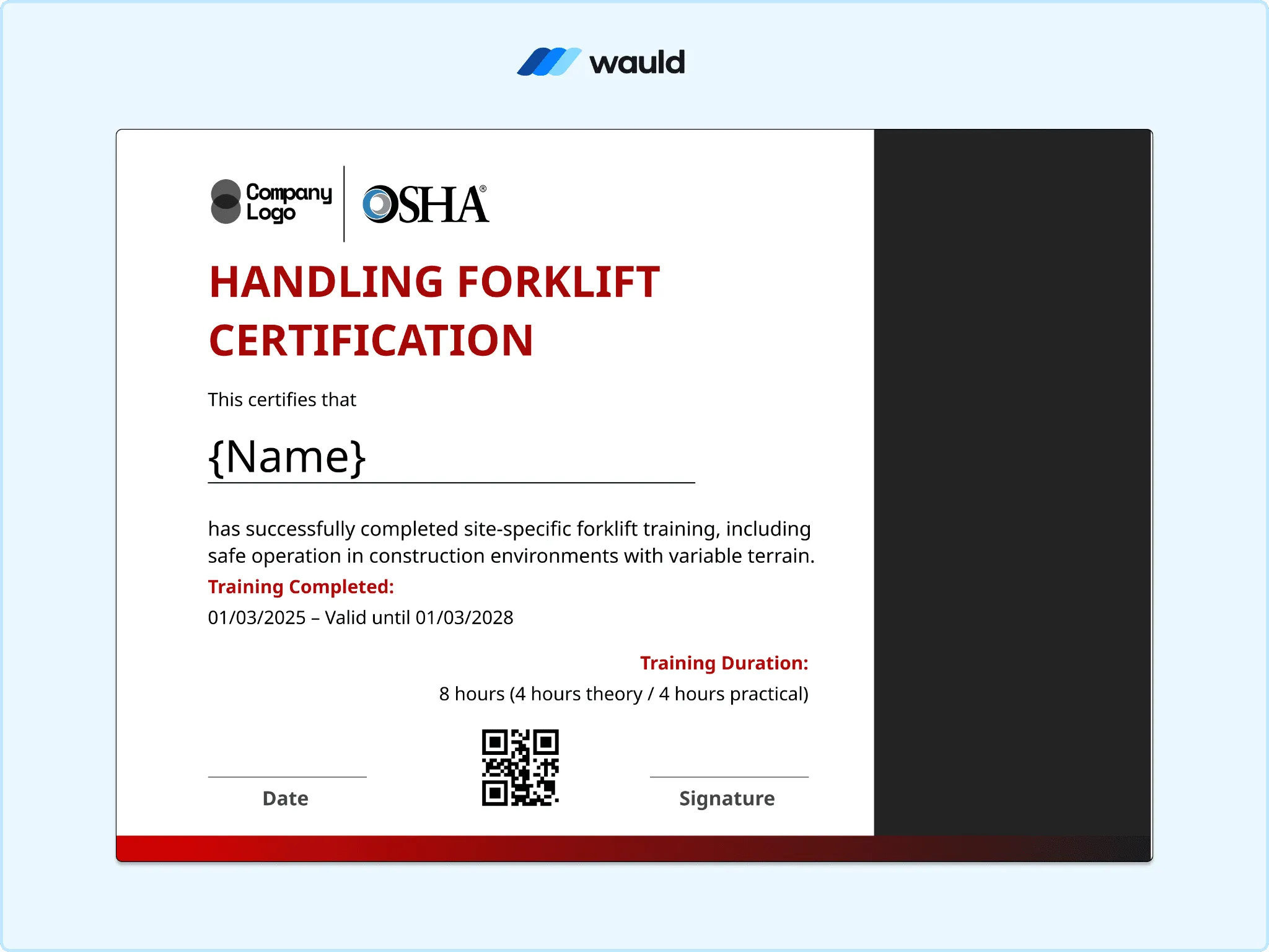 Black background handling forklift certification template with recipient name field, training details, certification dates, QR code, and signature line