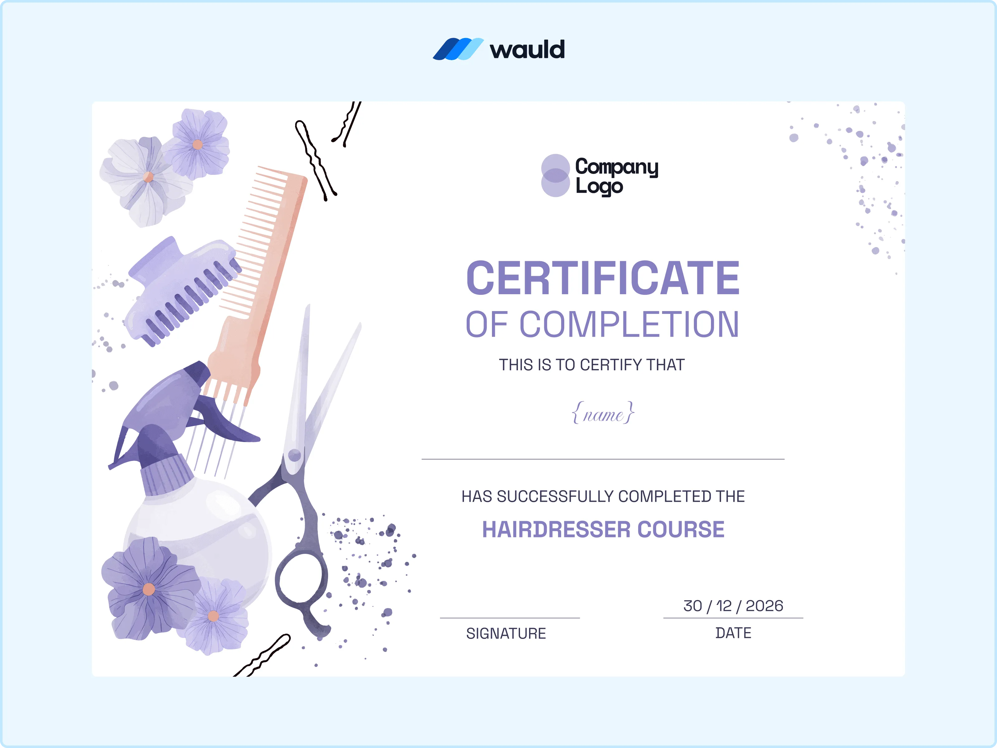 Illustrated pastel hairdresser course completion certificate template