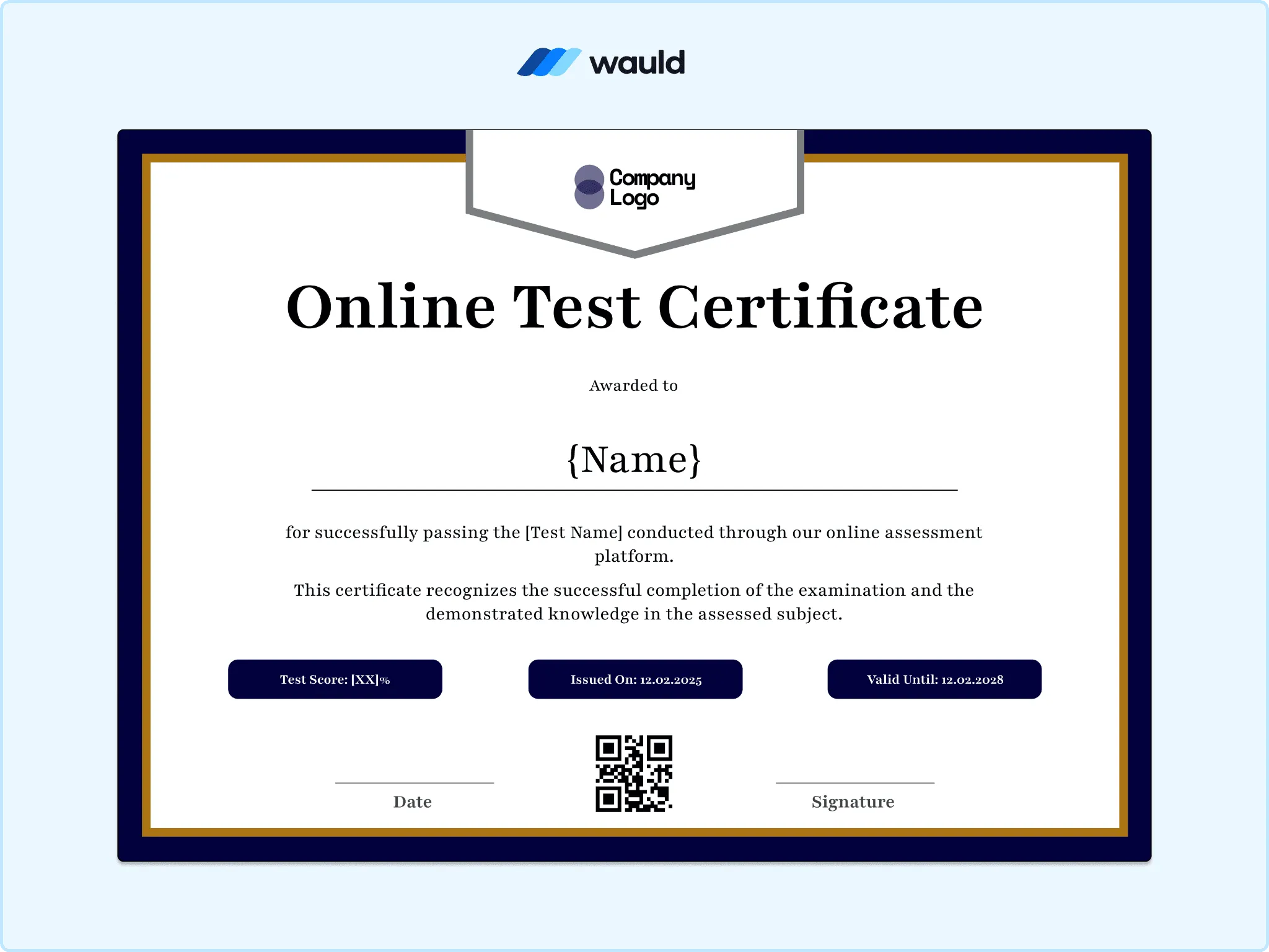 Online test certificate template with navy border and ribbon banner