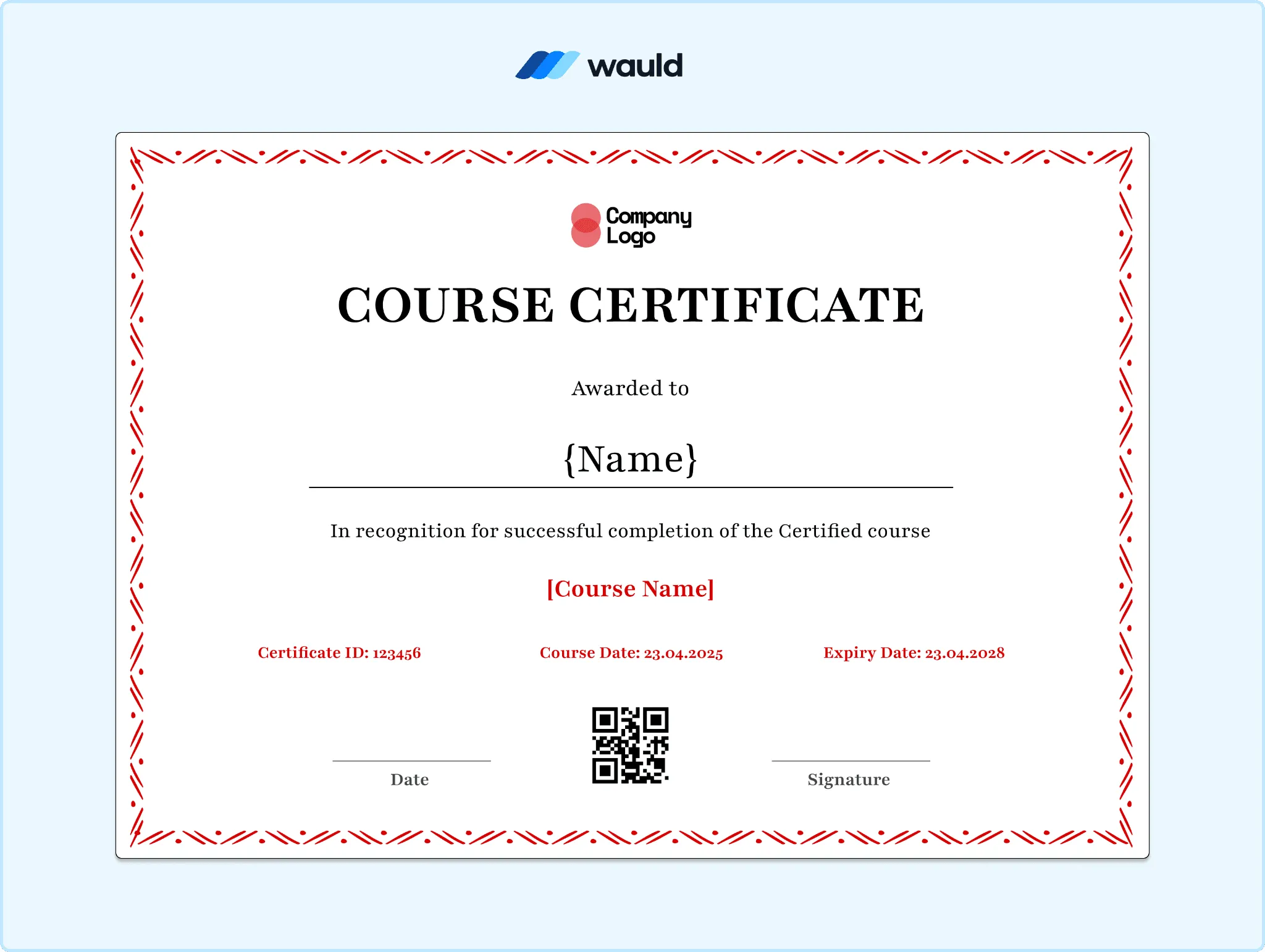White course certificate template with red dotted border