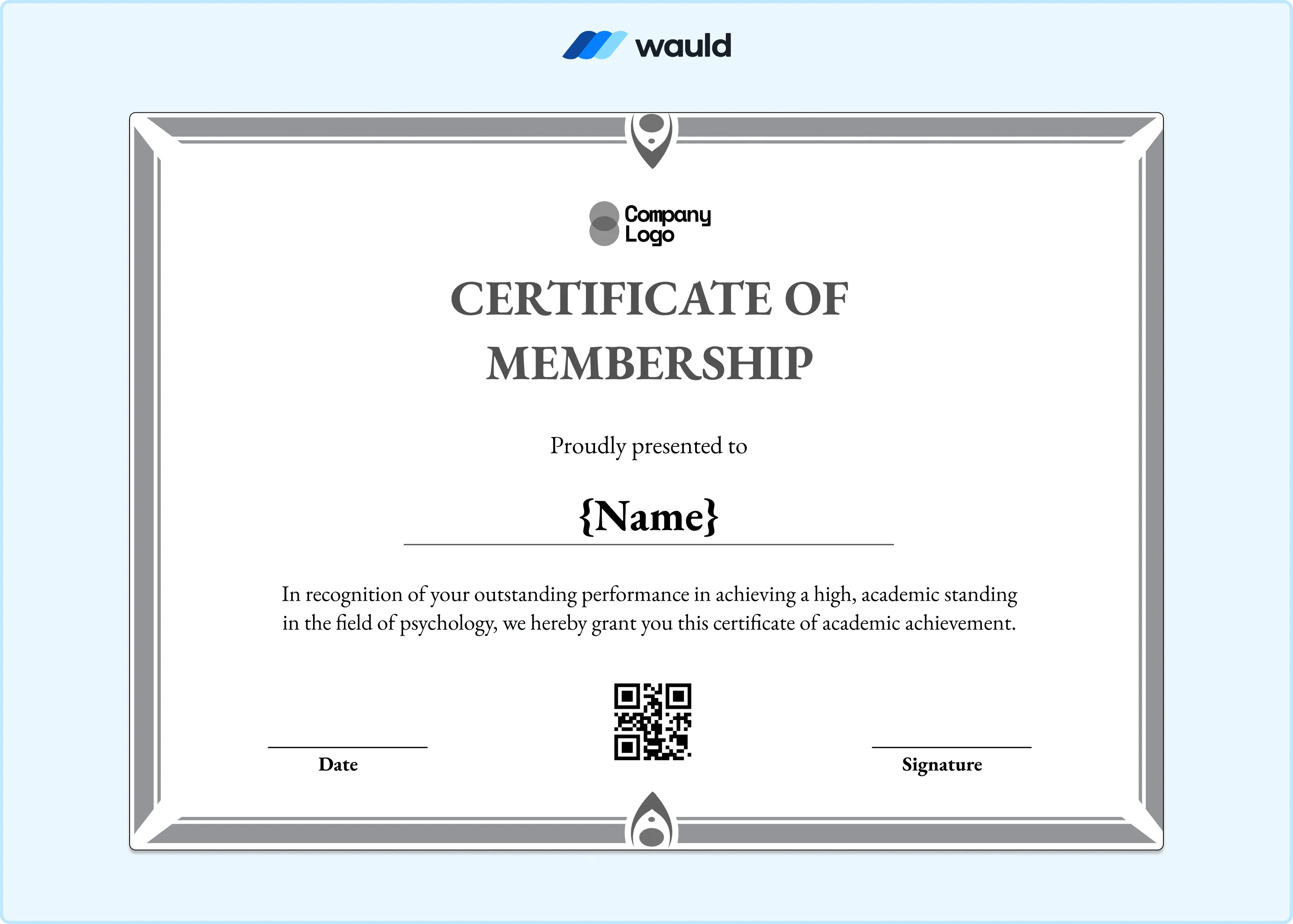 Silver bordered certificate of membership template with clean white interior, member name field, achievement description, date, QR code, and signature line