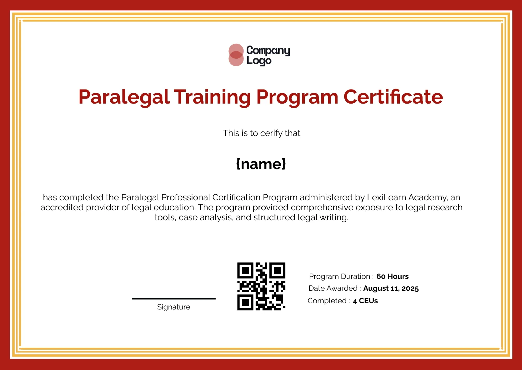 Academic Paralegal Program Certificate Template