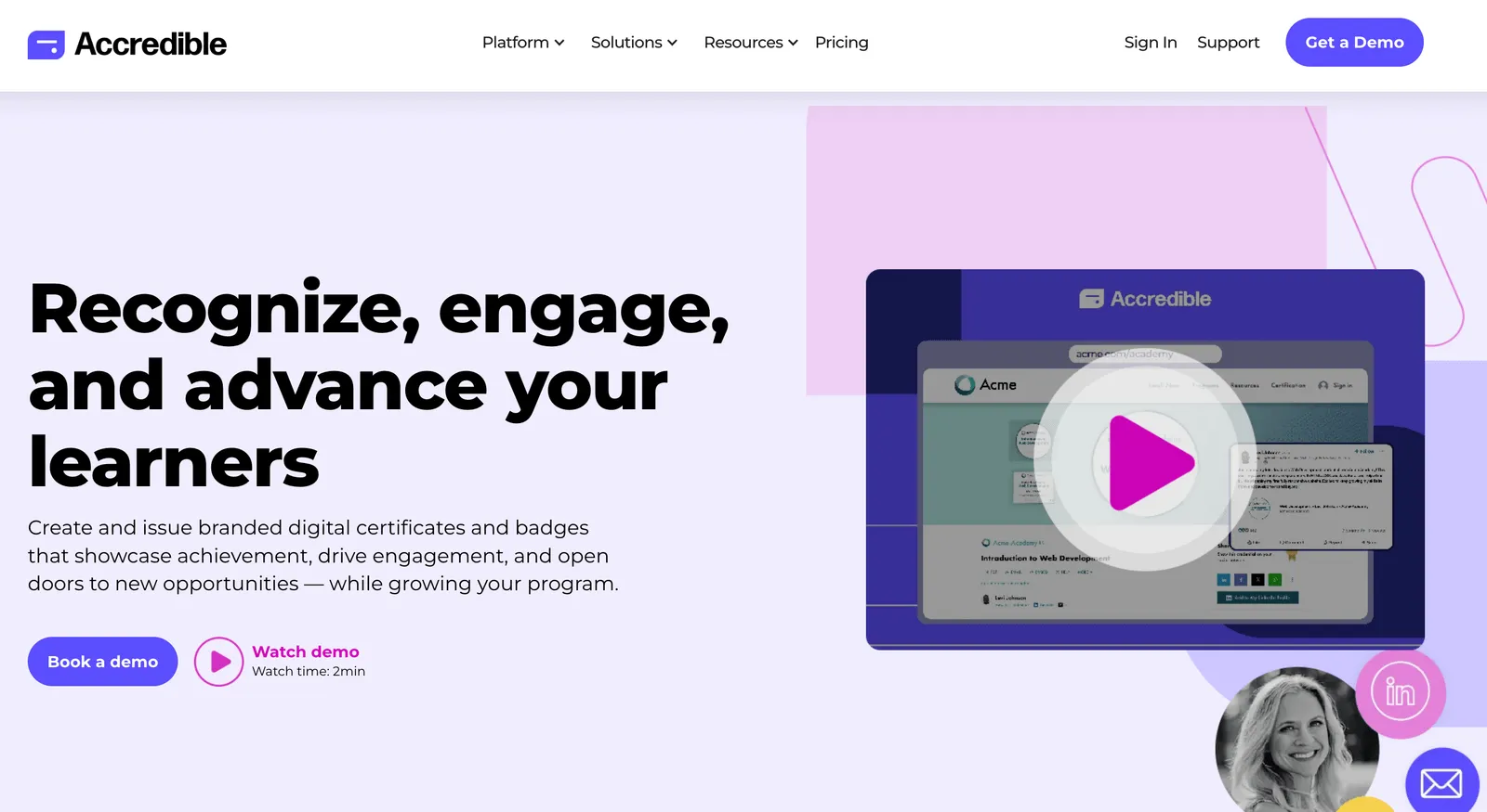 The Accredible homepage headline reading Recognize, engage, and advance your learners, with a Book a demo call to action