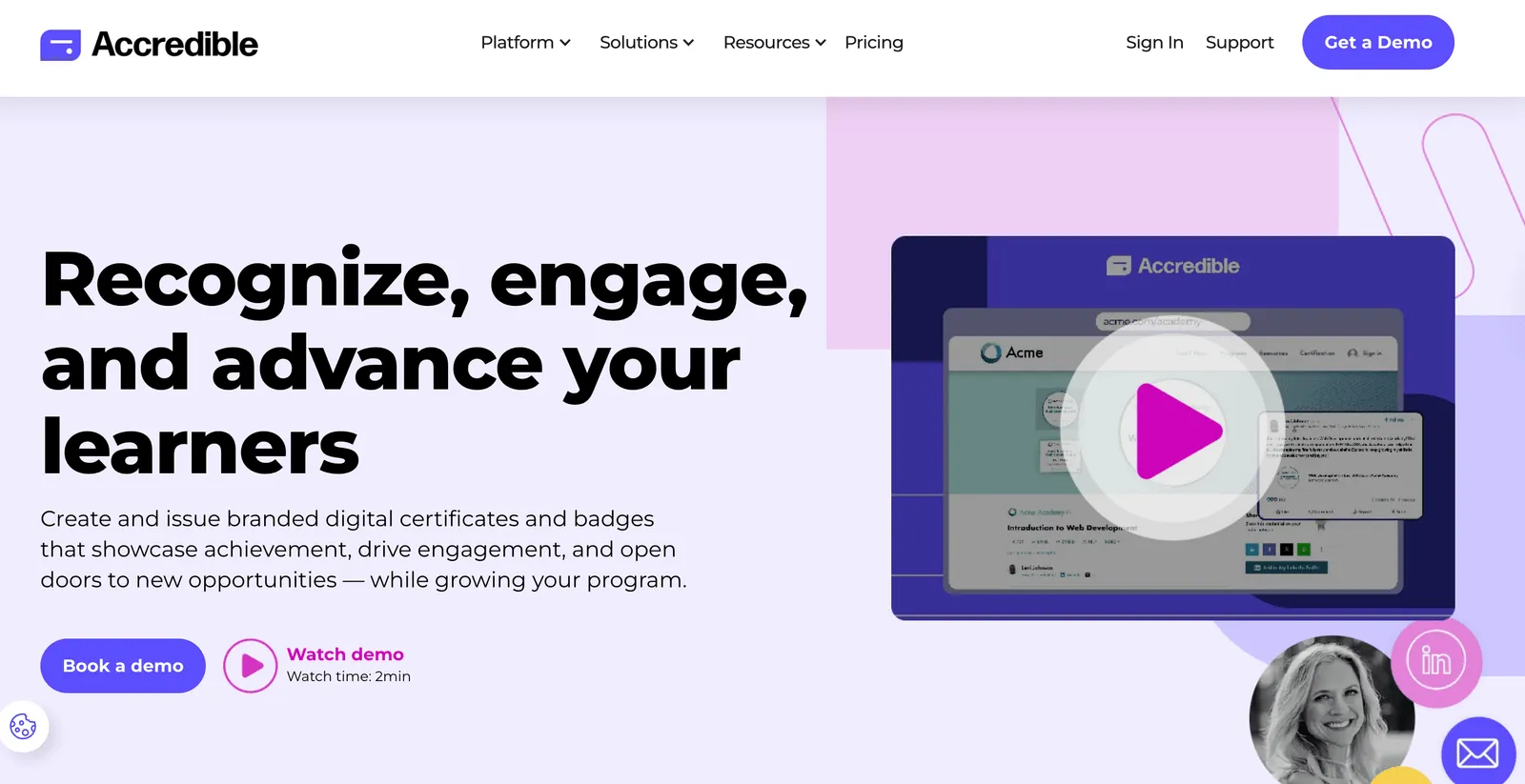 The Accredible homepage, showing branded digital certificates and badges