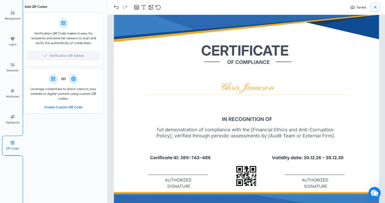 The QR Codes panel in Wauld showing a verification QR code added to a certificate design