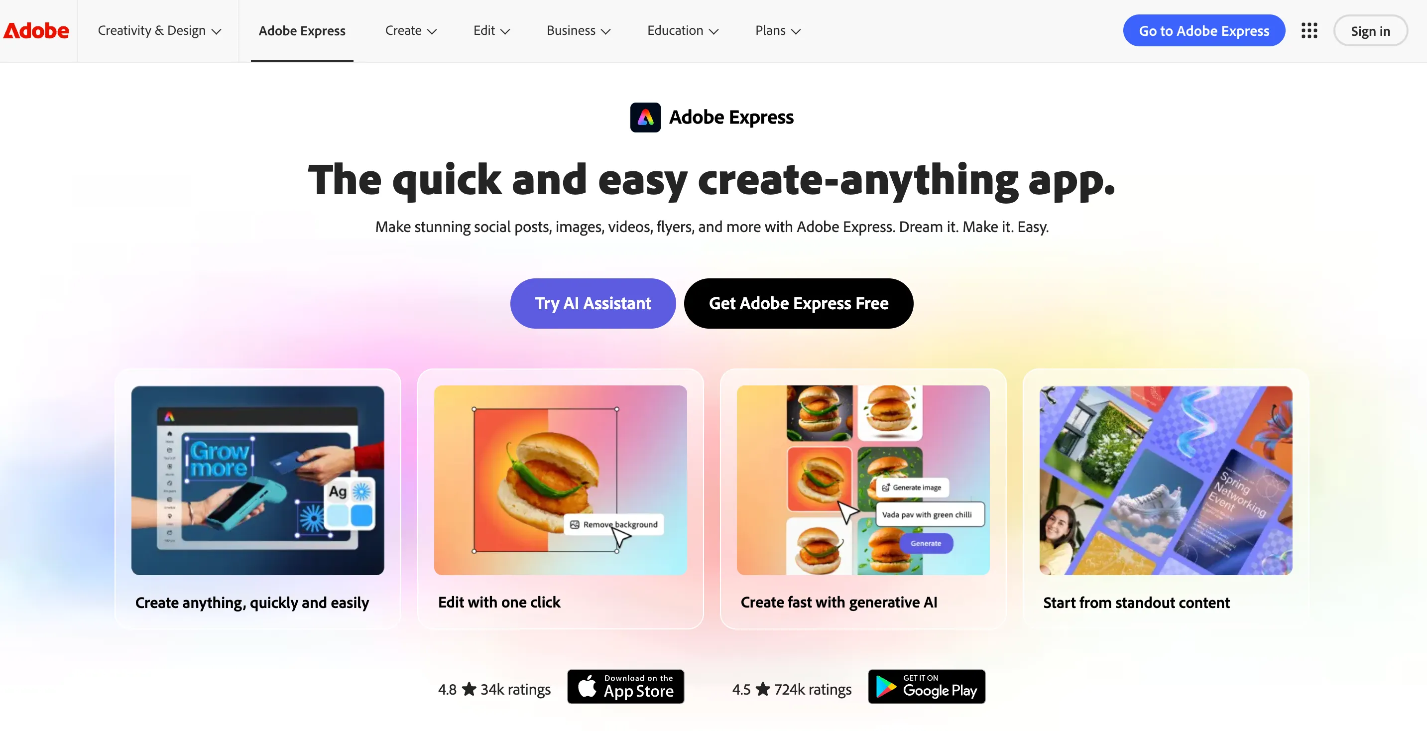 Adobe Express homepage headlined The quick and easy create-anything app, showing editing and generative AI features