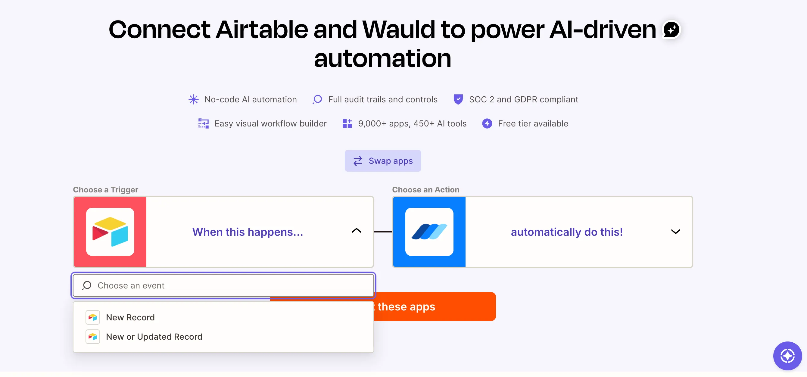 Zapier page for connecting Airtable and Wauld, with the trigger event dropdown open showing the New Record and New or Updated Record options
