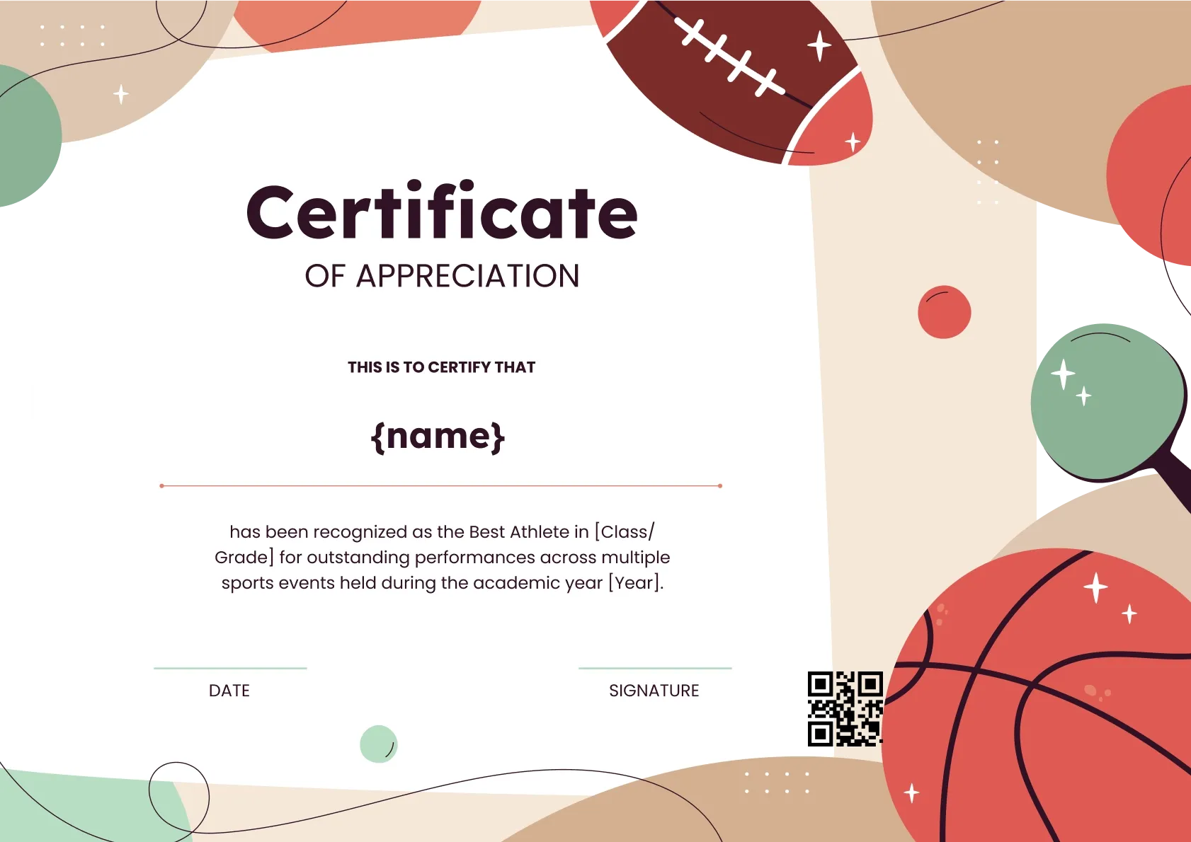 Animated and bright certificate of appreciation template for primary school sports