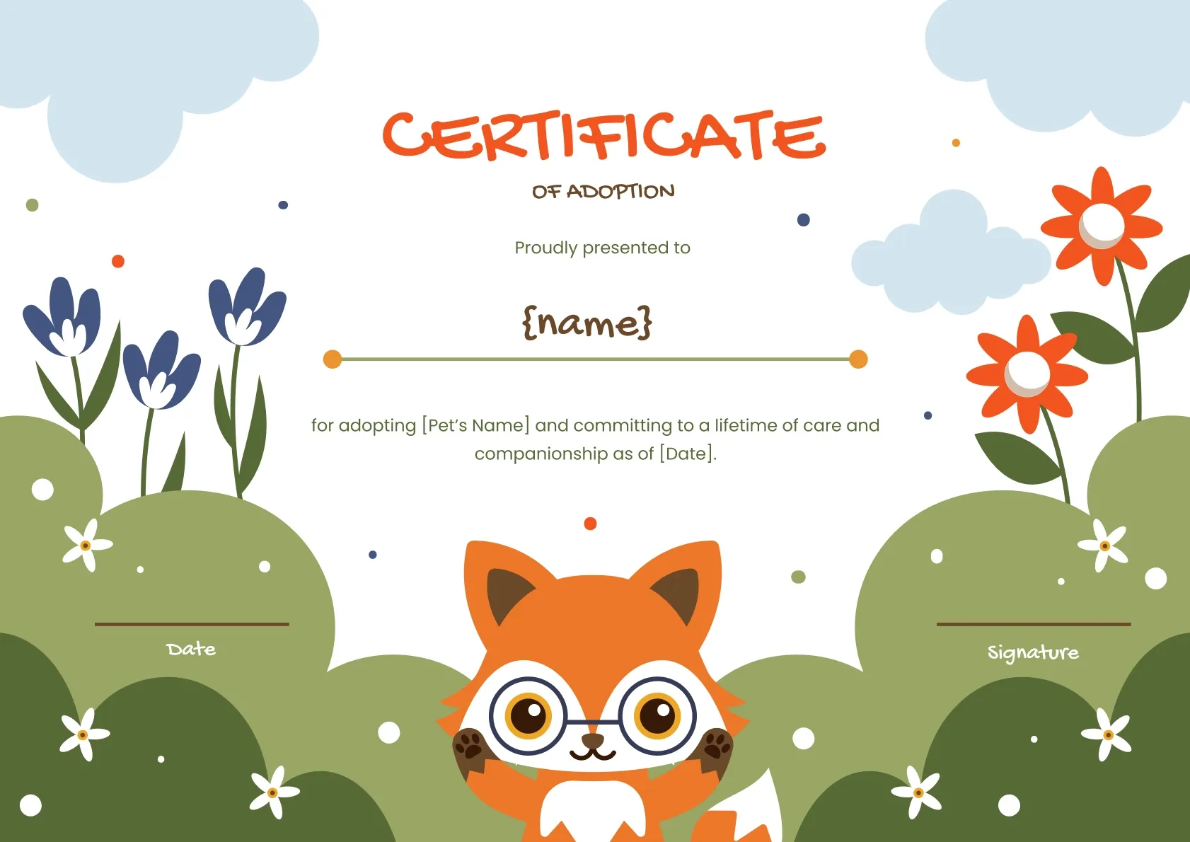 Animated and lively certificate of adoption template