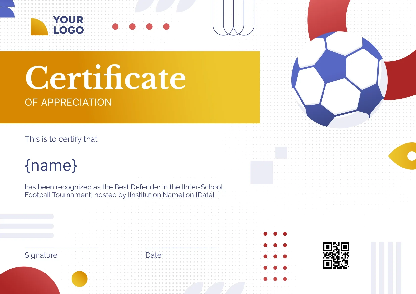 Animated and lively football tournament certificate template