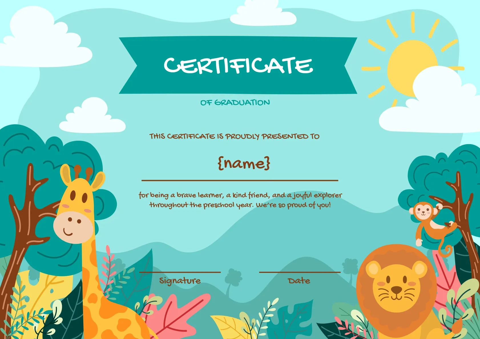 Animated and lively preschool graduation certificate template