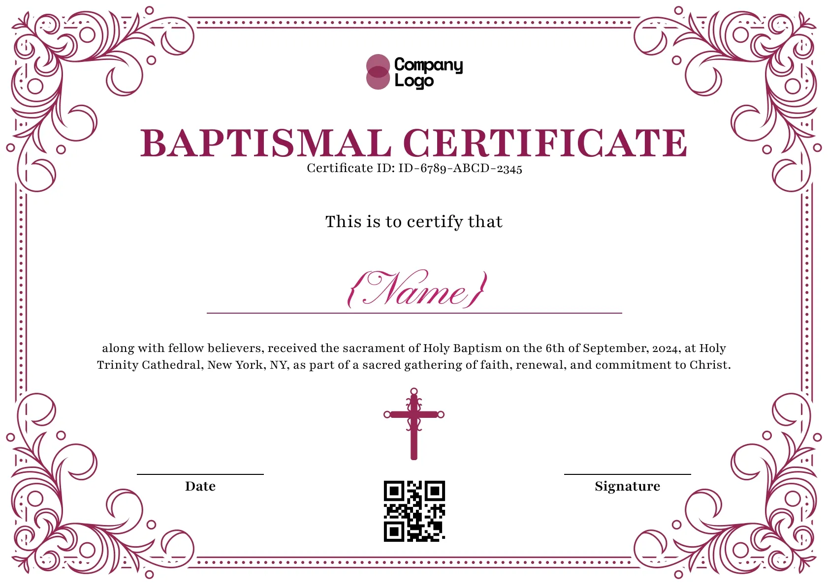 Deep-burgundy baptismal certificate with a scrolled dotted border and a small burgundy cross.