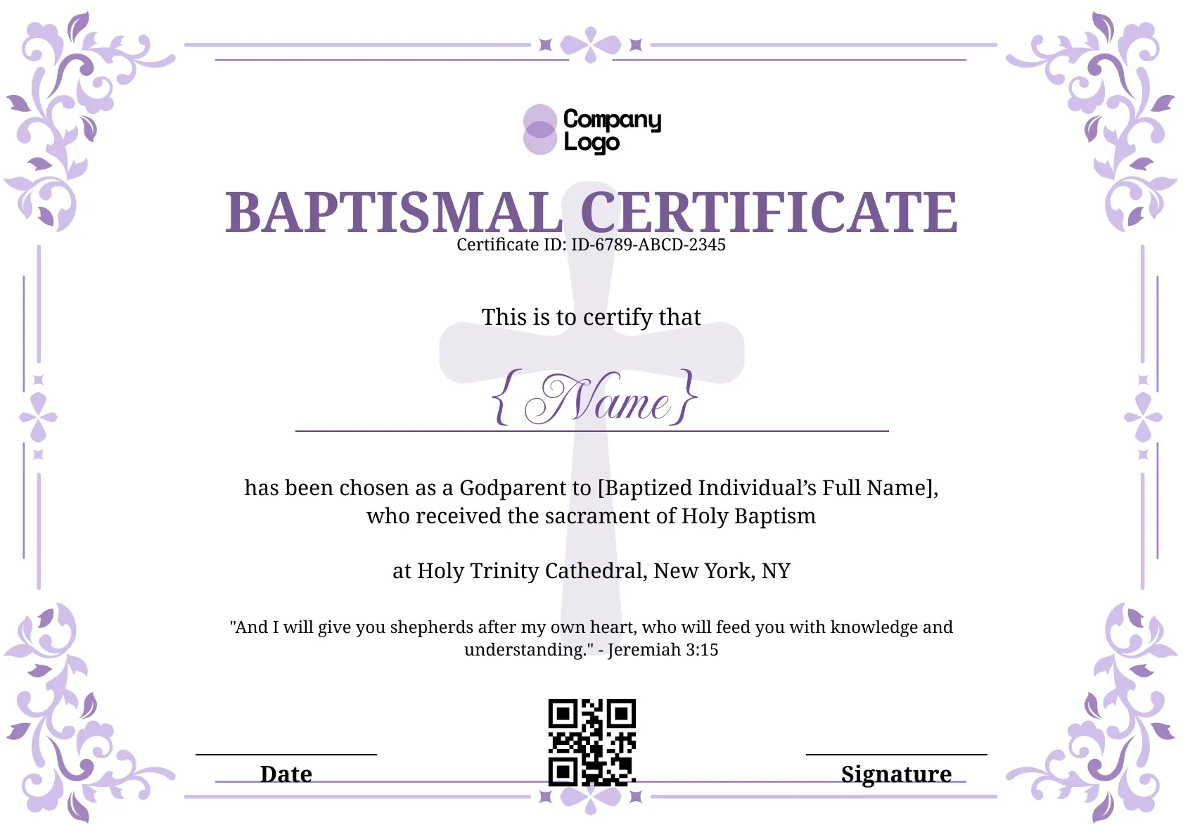 Bold purple godparent certificate with ornate corners and a large soft cross watermark behind the text.