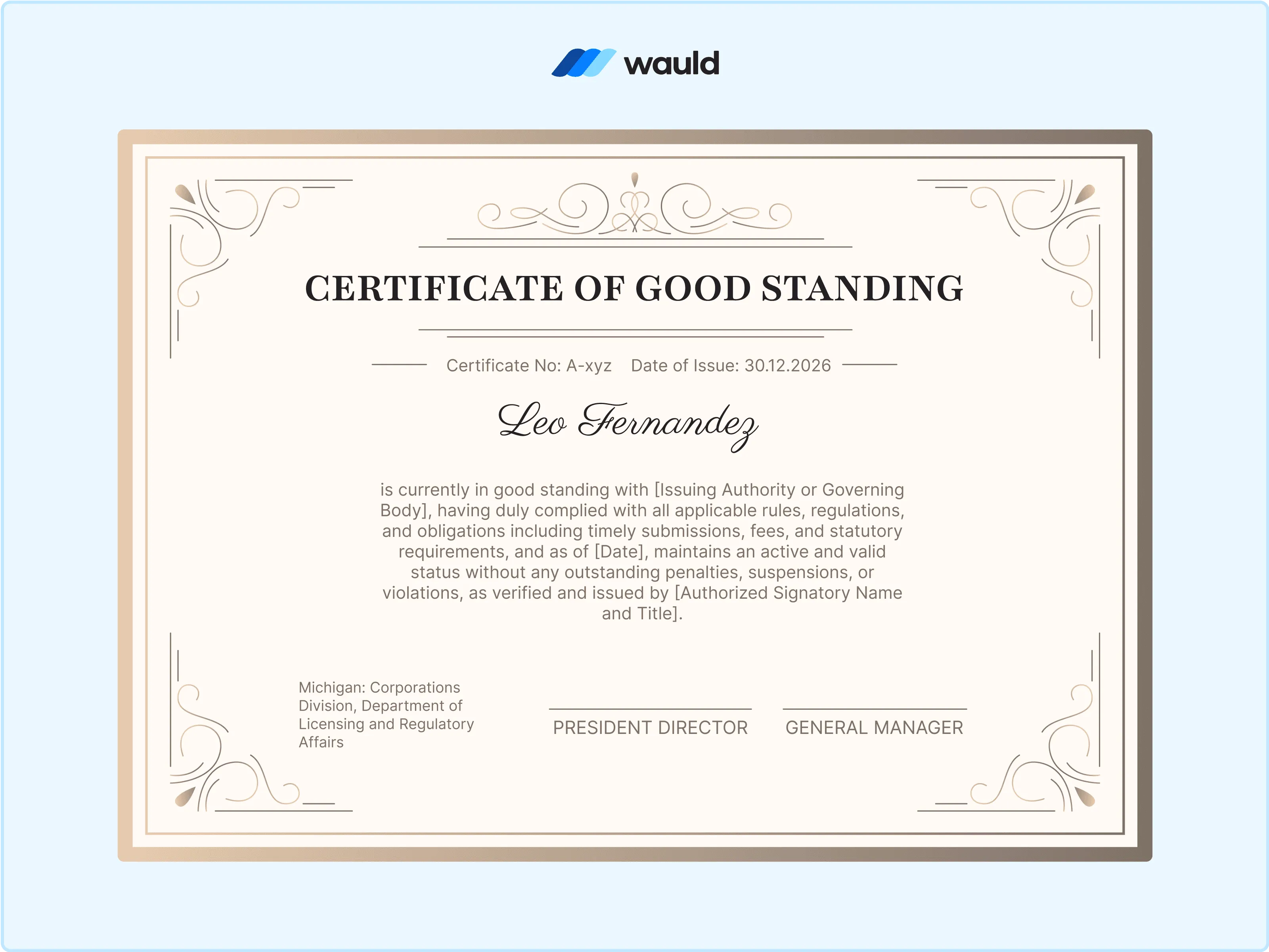 Wauld - Beige-themed certificate of good standing