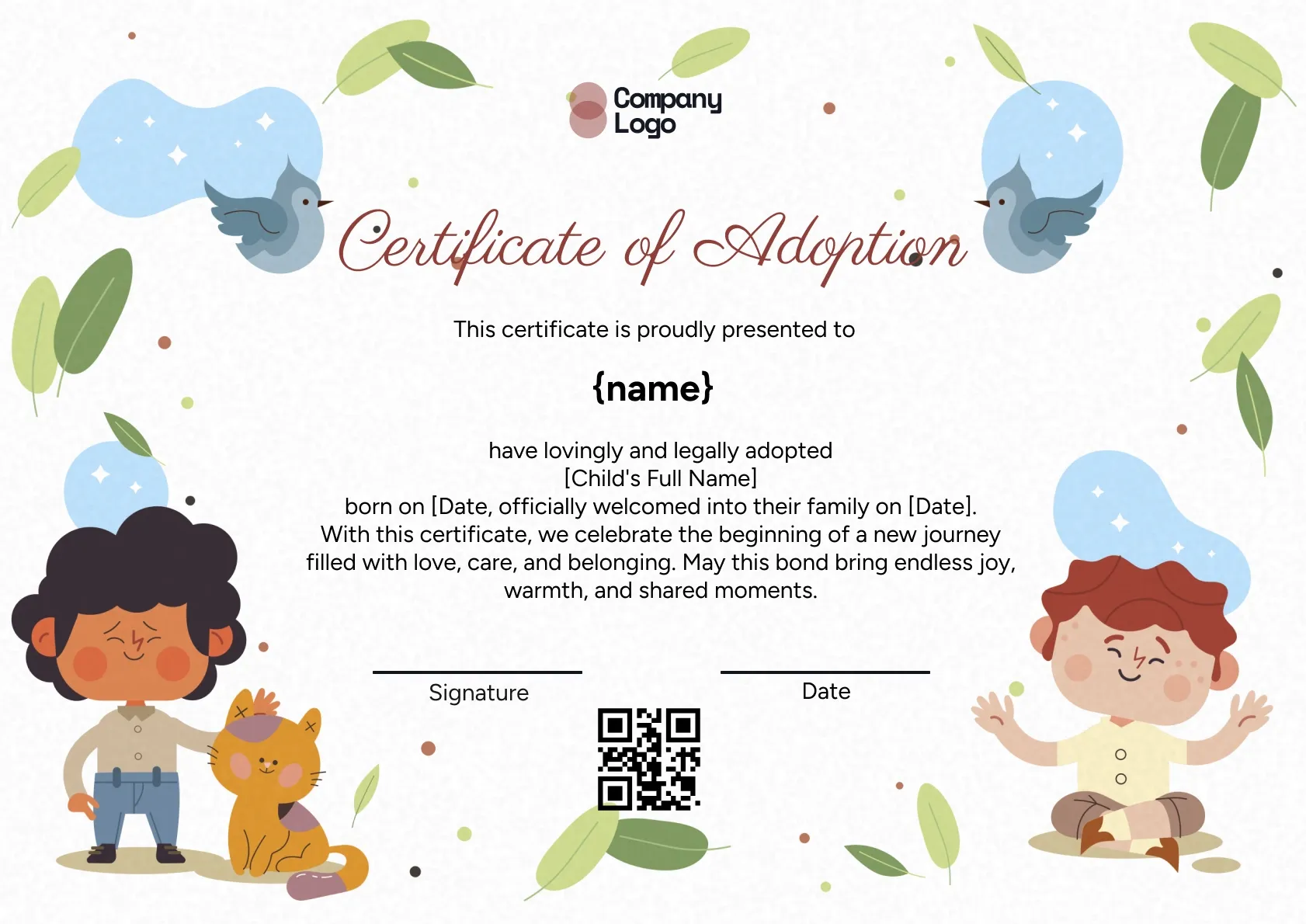 Blessed Adoption Recognition Certificate Template