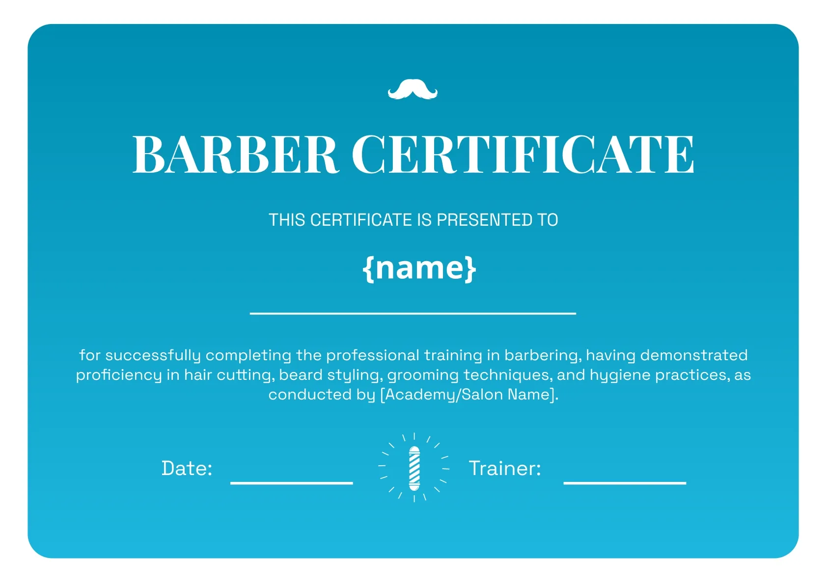 Bold and bright barber training certificate template