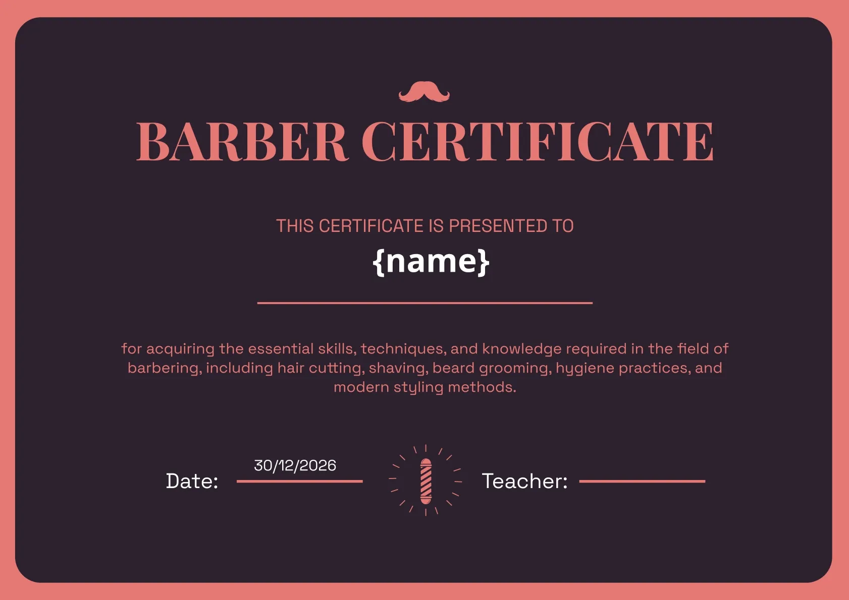 Bold and sophisticated barber certificate template