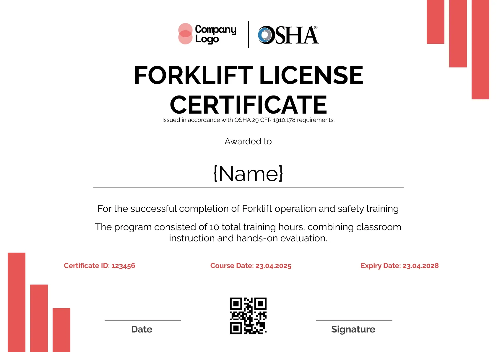 Bold forklift certificate template