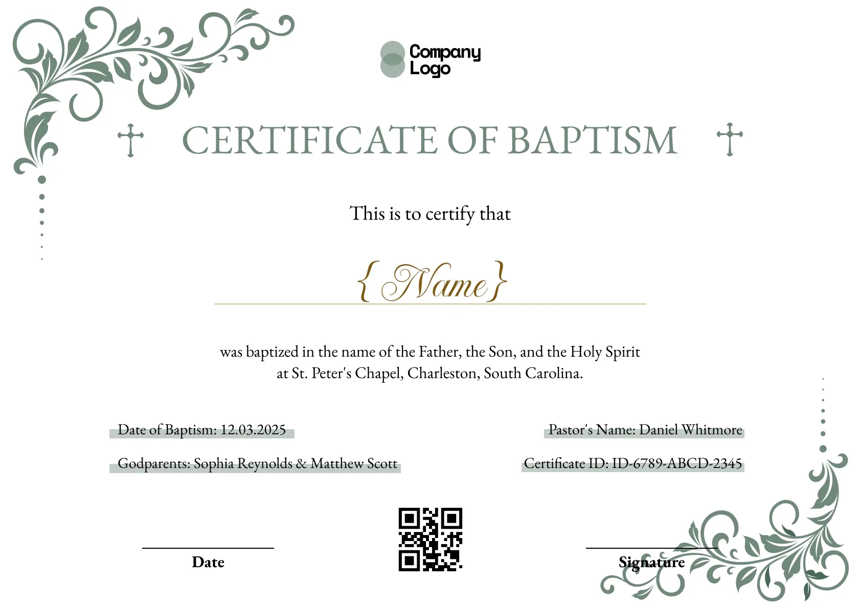 Sage-green certificate of baptism with botanical scroll corners and small crosses flanking the title.