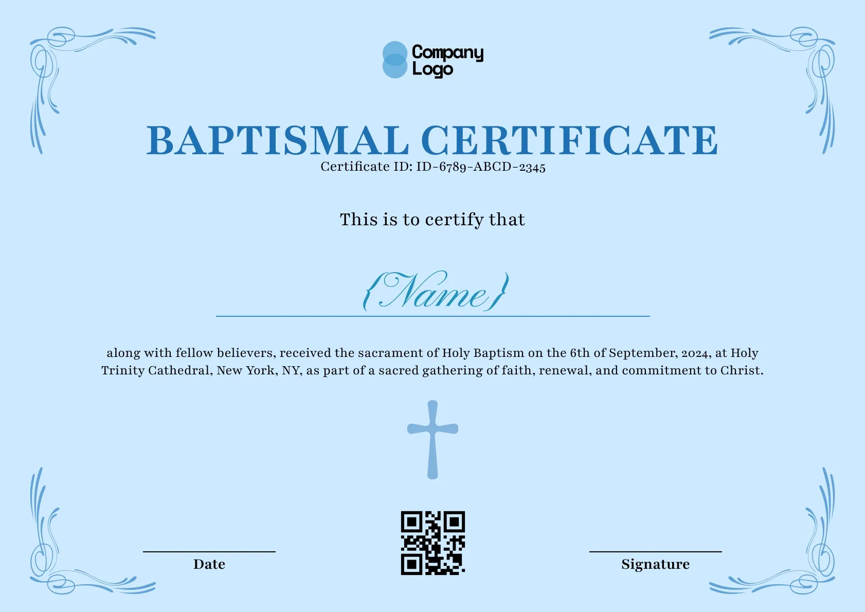 Solid pale-blue baptismal certificate with scrolled corner flourishes and a gentle cross under the text.