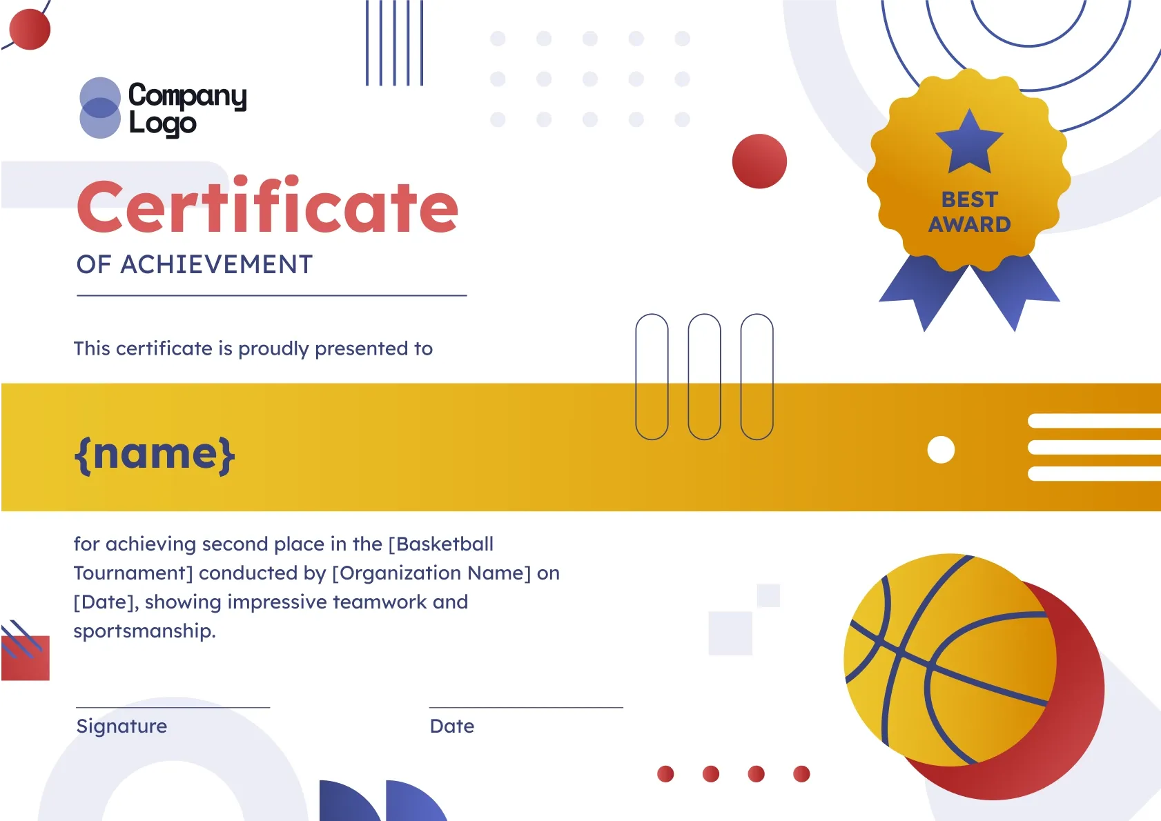 Bright and lively basketball certificate of achievement