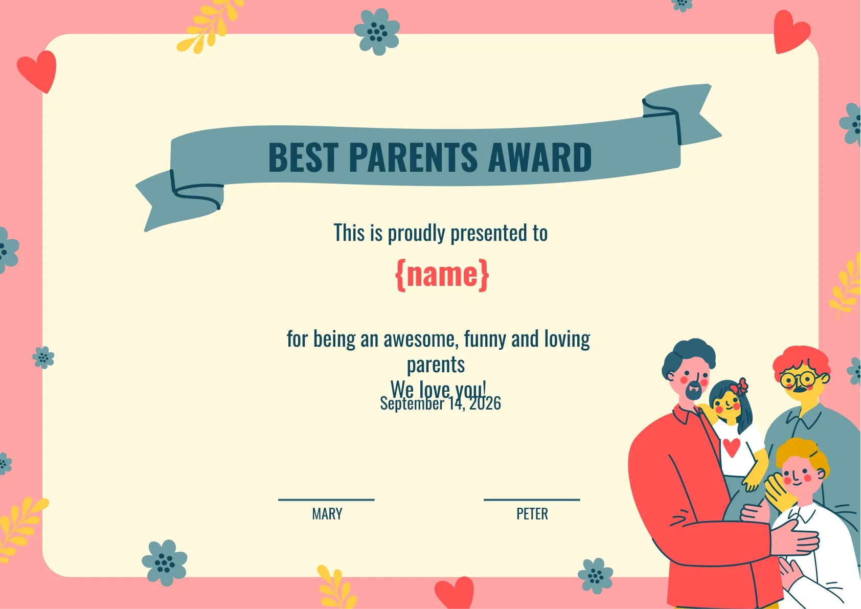 Bright and lively certificate for parent appreciation