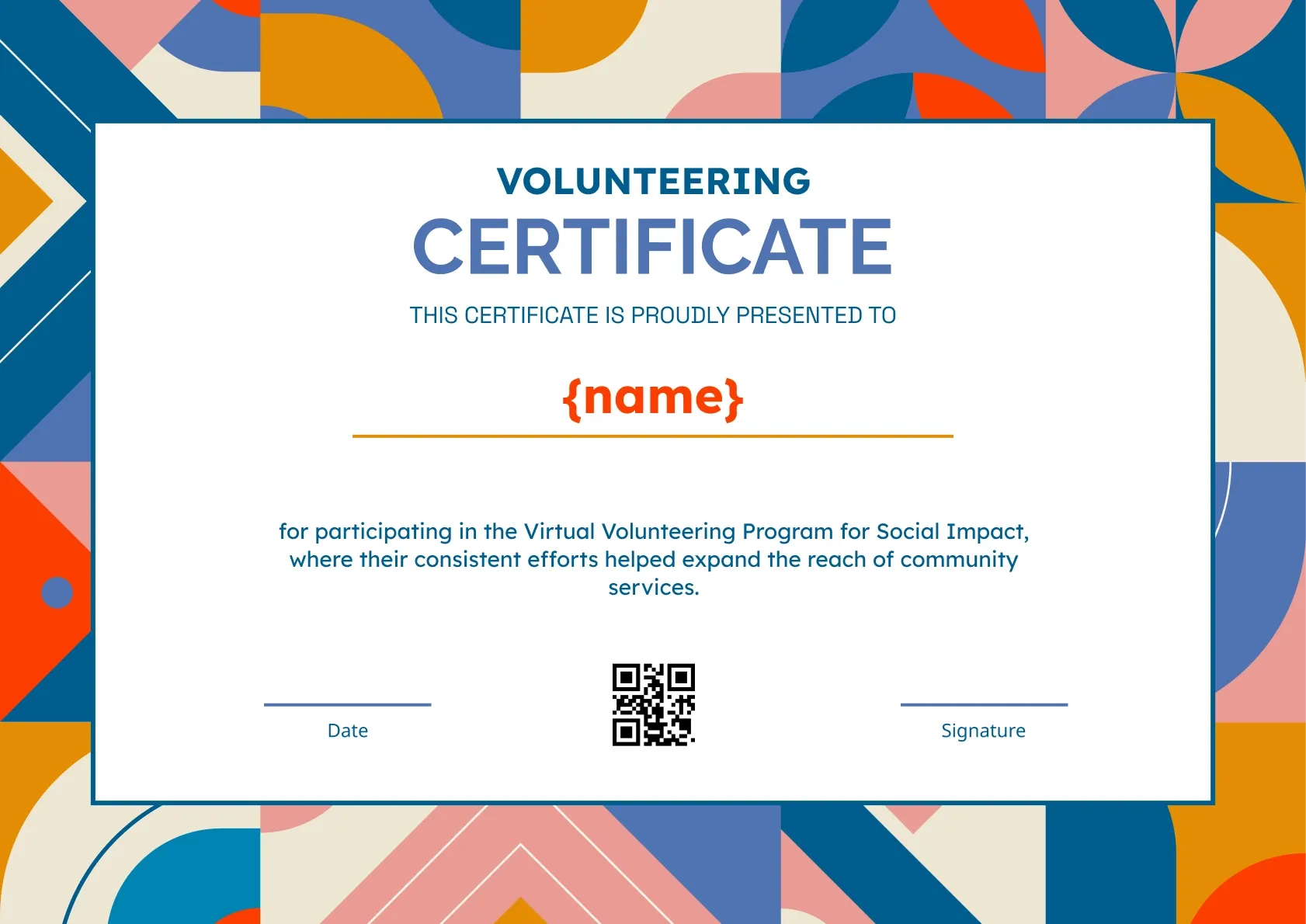 Bright and multi-colored volunteering certificate template