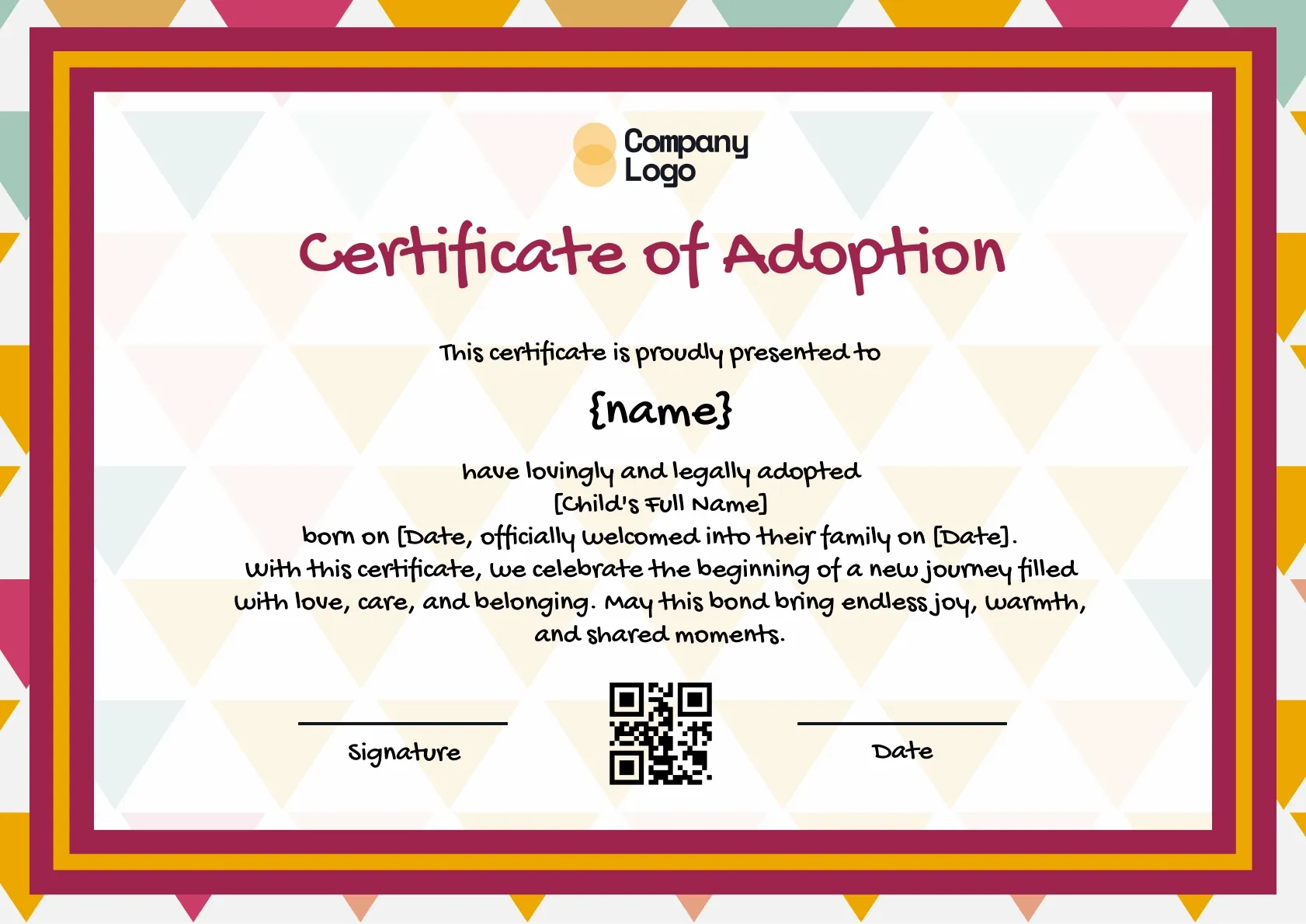Bright Family Adoption Certificate Template