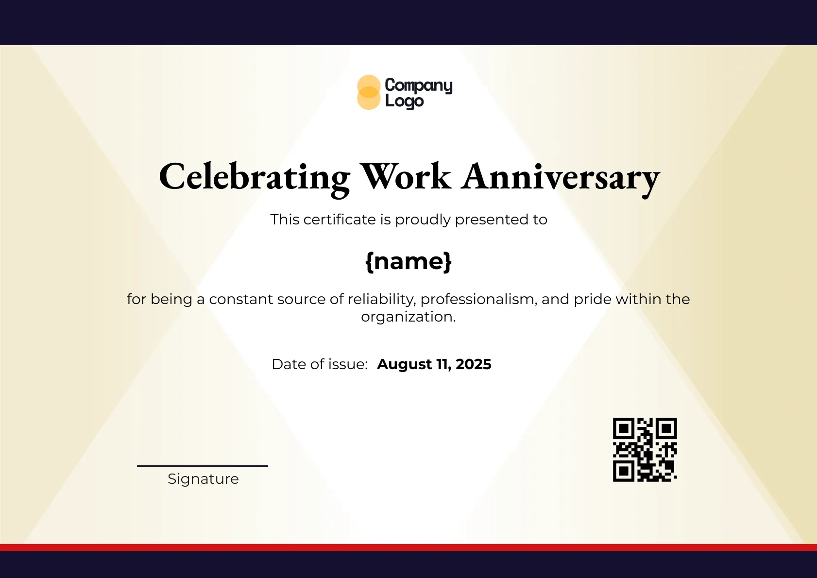 Celebratory Employee Work Anniversary Certificate