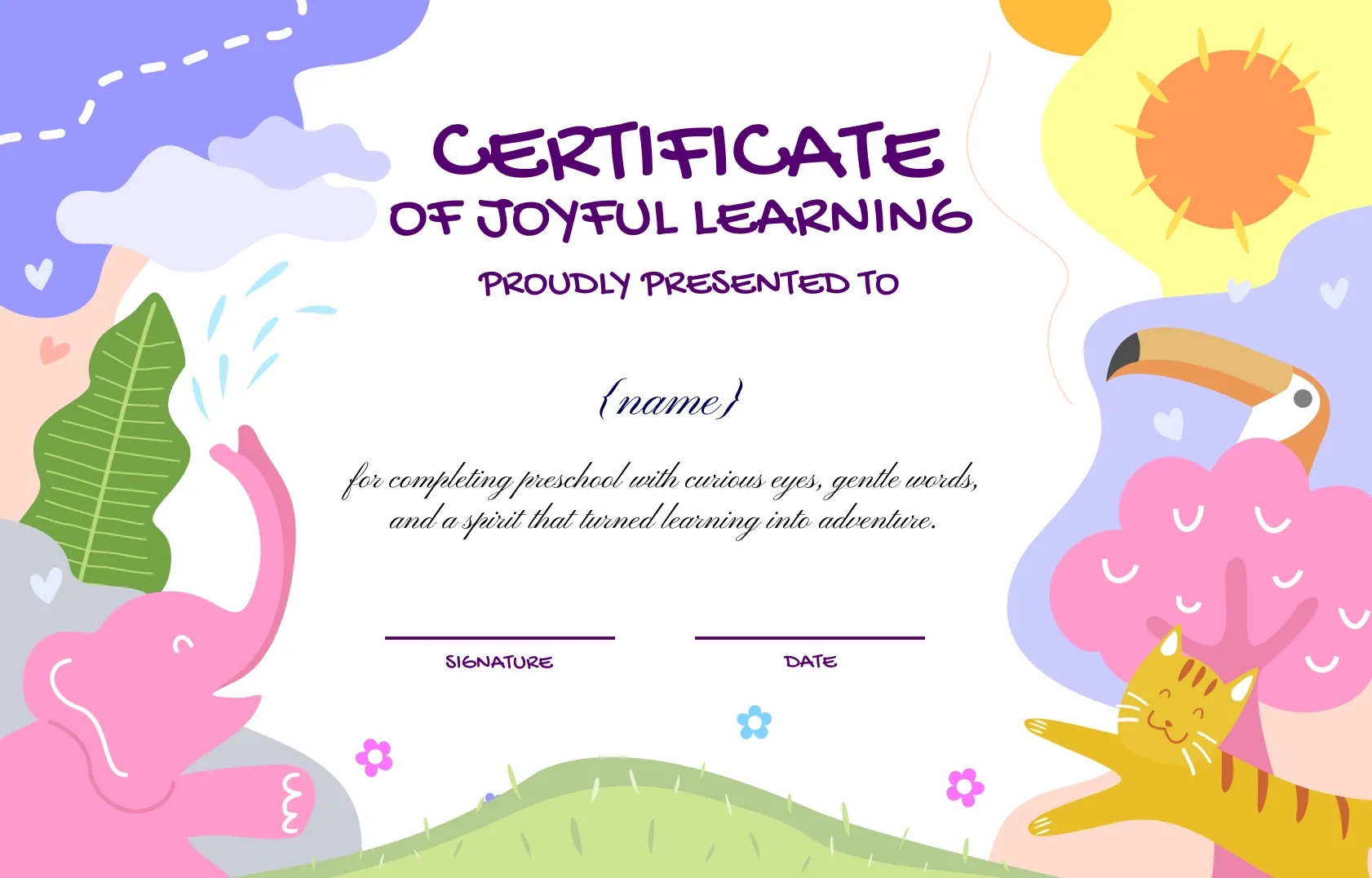 Certificate of joyful learning template for pre school graduation