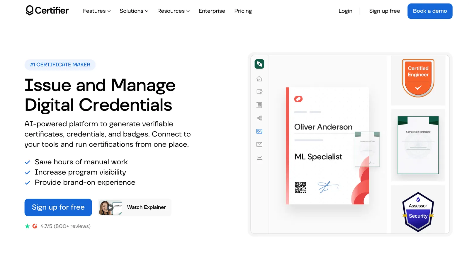 The Certifier homepage headline reading Issue and Manage Digital Credentials, alongside a certificate and badge preview