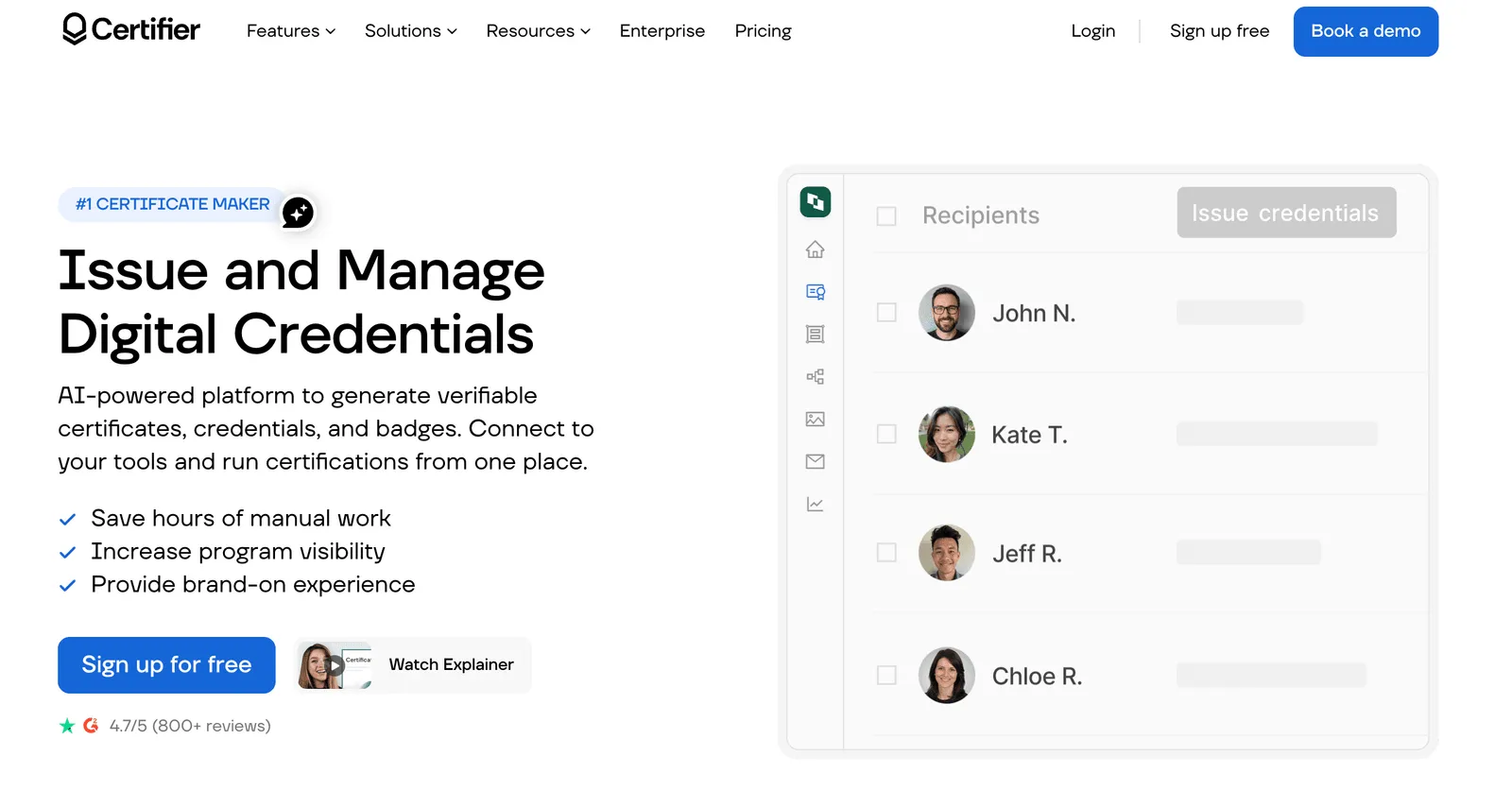 The Certifier homepage, showing its interface for issuing digital credentials to a list of recipients