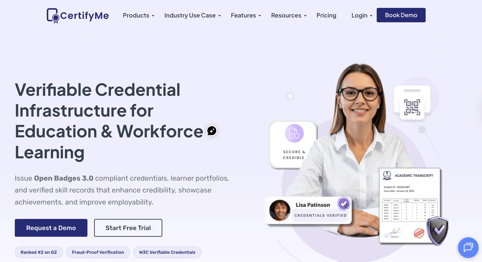 The CertifyMe homepage, showing verified academic credentials and a QR code