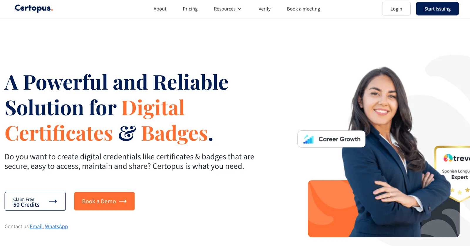 The Certopus homepage headline reading A Powerful and Reliable Solution for Digital Certificates and Badges, with a Claim Free 50 Credits button