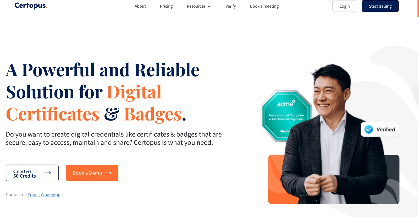 The Certopus homepage, showing a verified digital badge