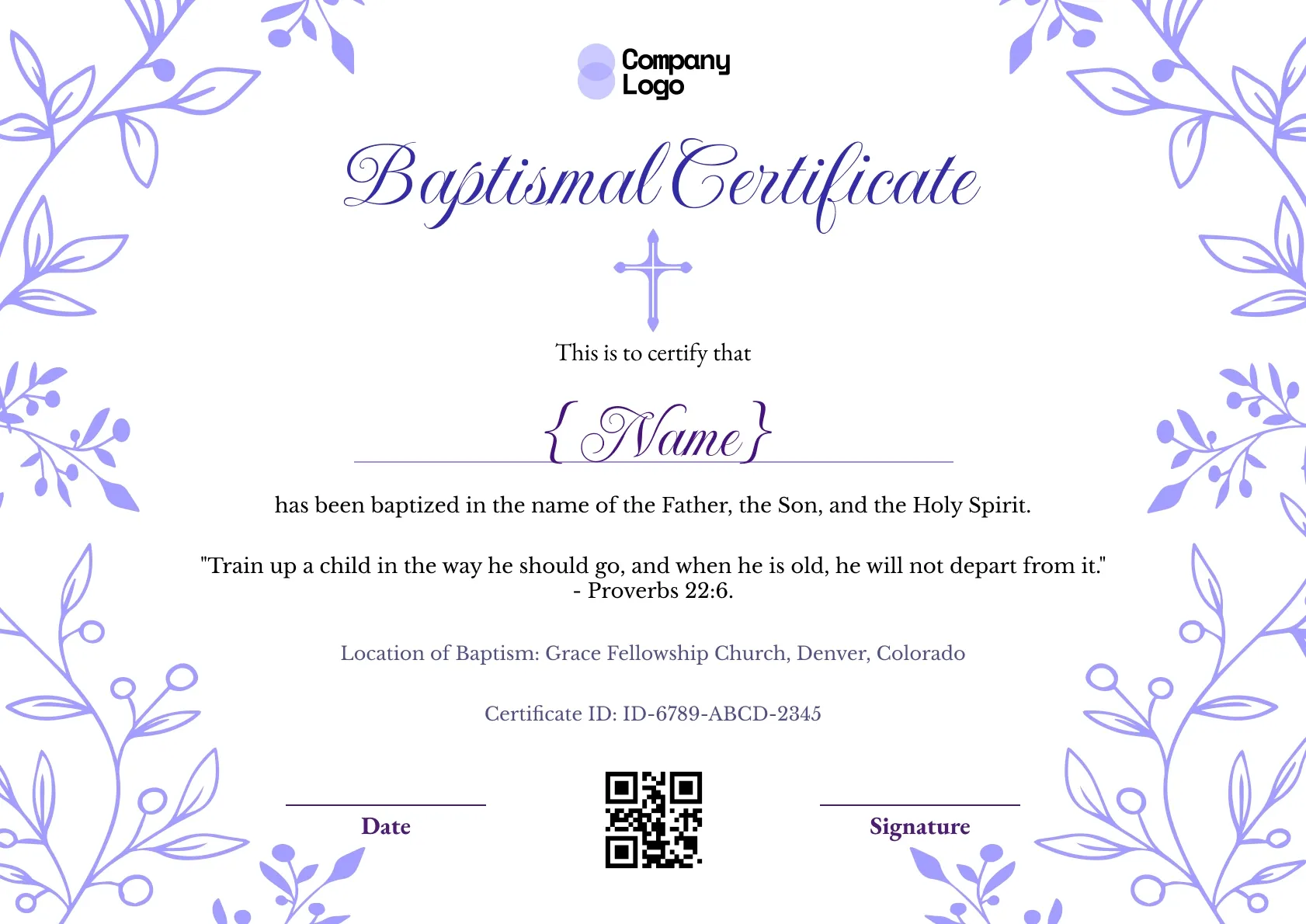 Purple baptismal certificate bordered with fine line-art vines and a small cross under the script title.