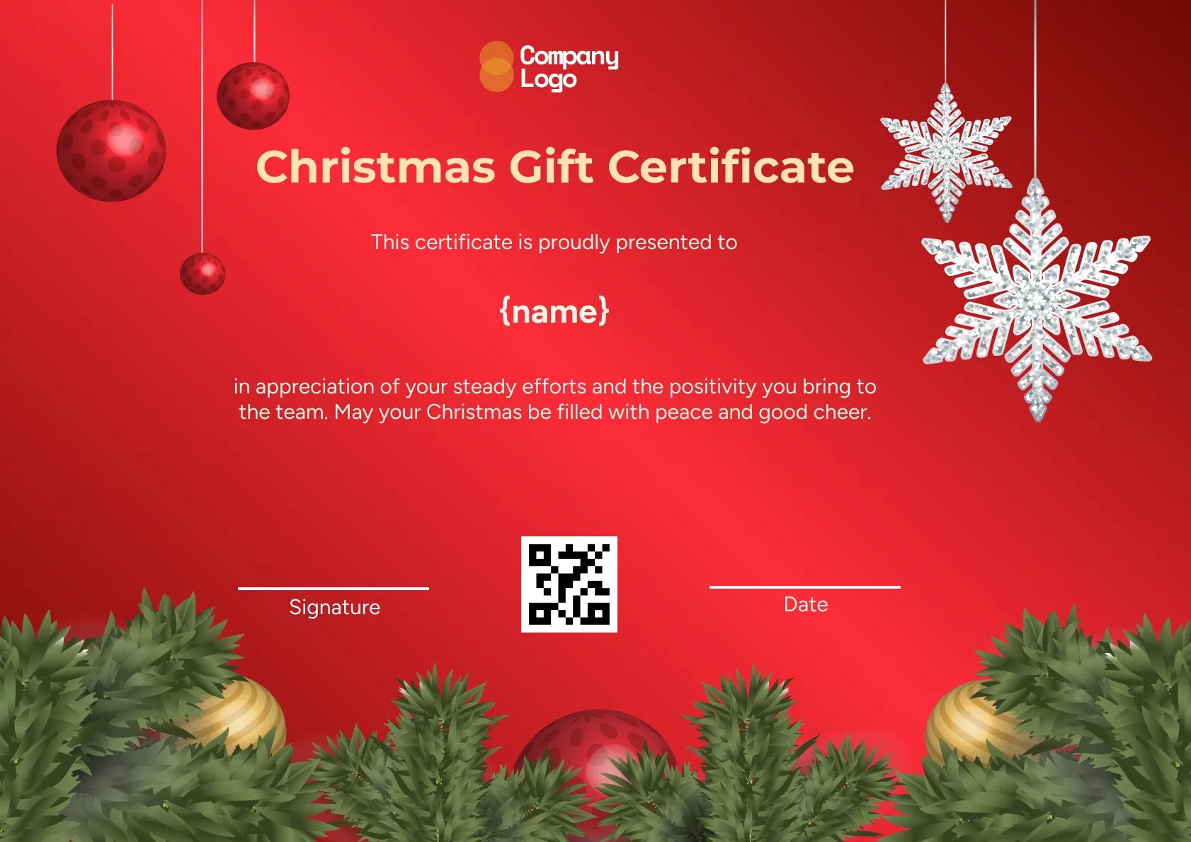 Christmas ornament and tree inspired certificate template
